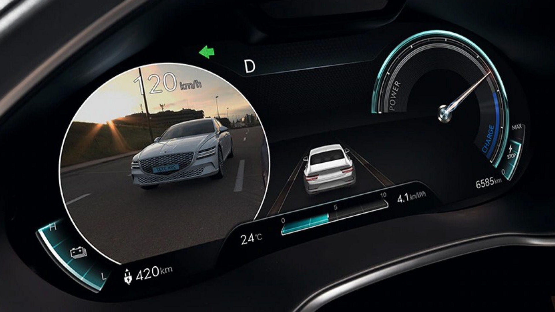 A digital instrument cluster of the Electrified G80 showing driving speed, range, and a camera feed for the right side view.