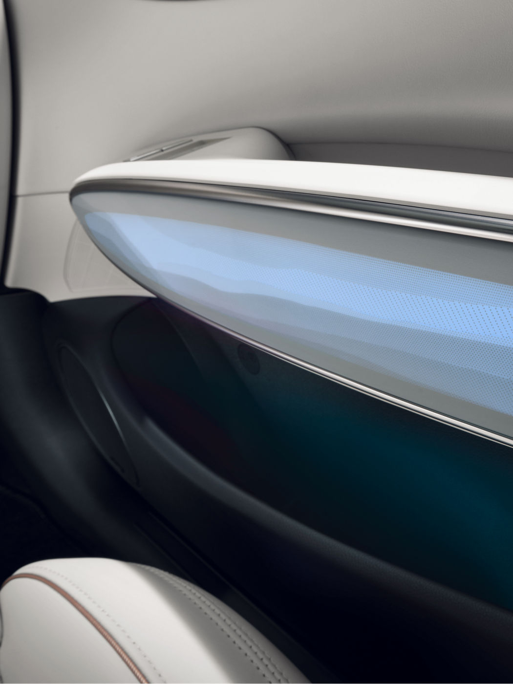 Car door from the inside in white colour with blue lighting