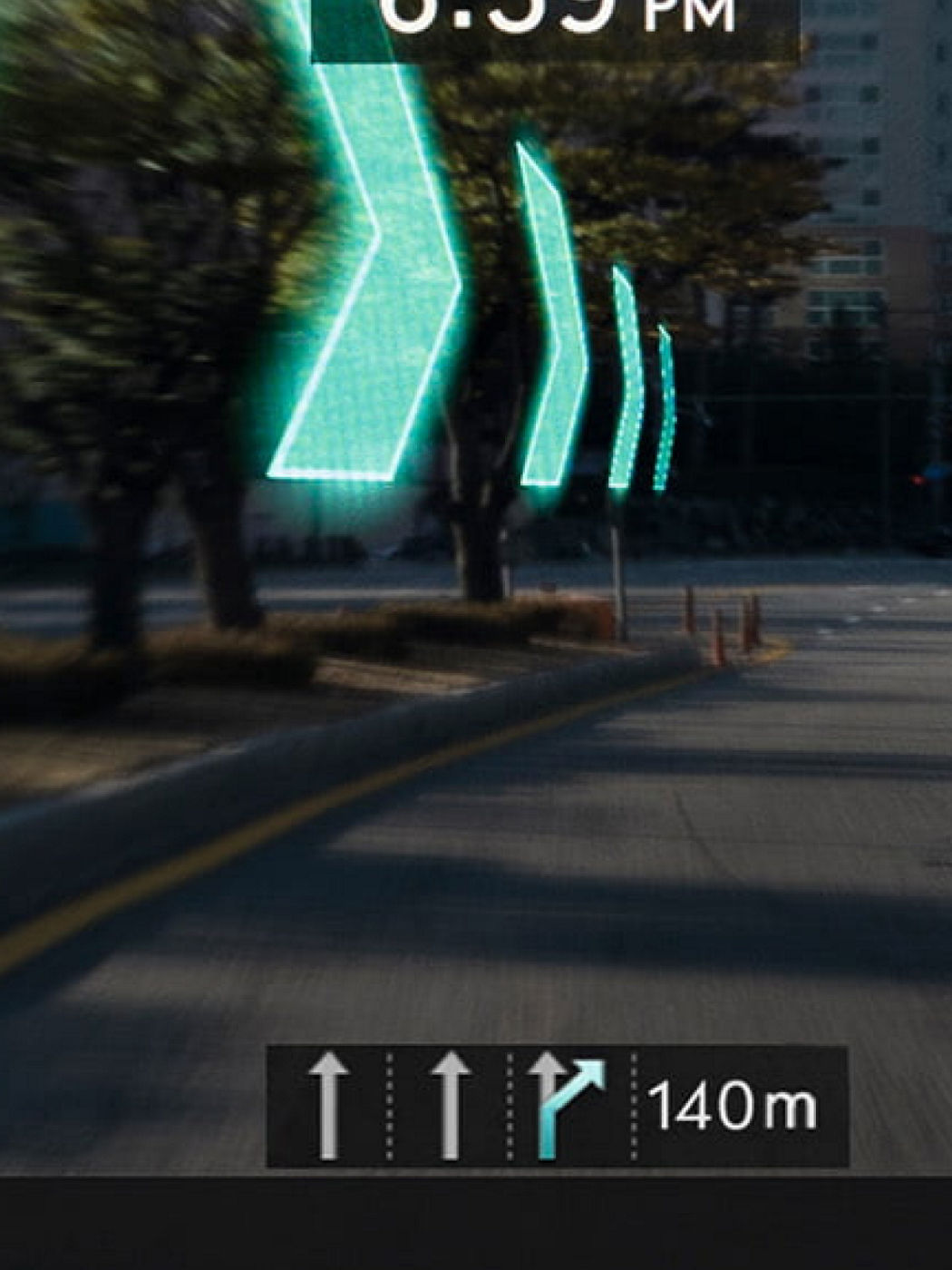 Augmented reality navigation arrows projected on a Genesis windshield, guiding the driver through a city street.