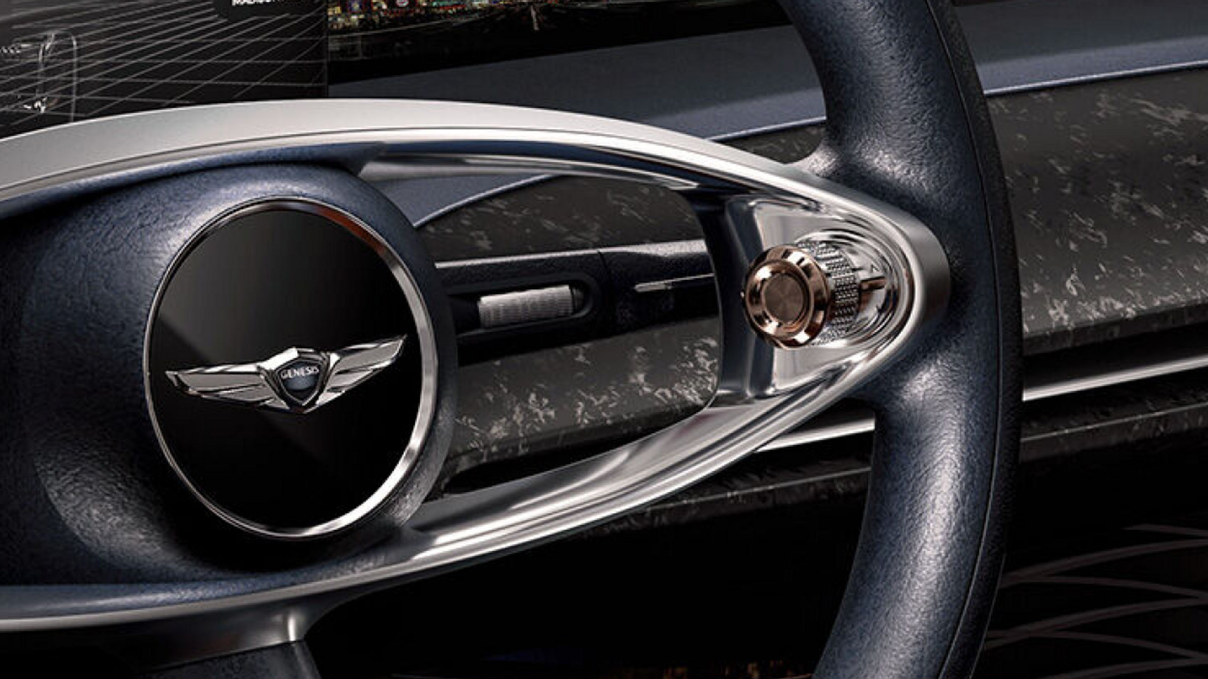 Detailed view of Genesis Essentia's steering wheel design.