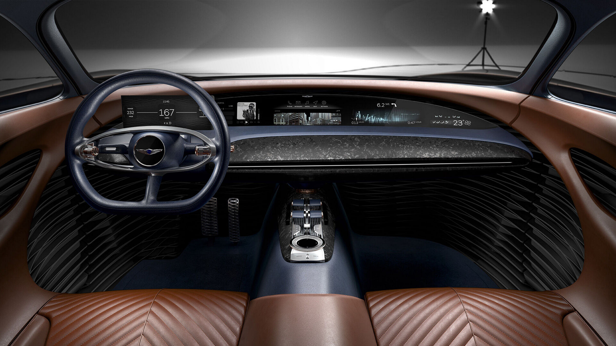 Luxurious interior of the Genesis Essentia with a digital dashboard.