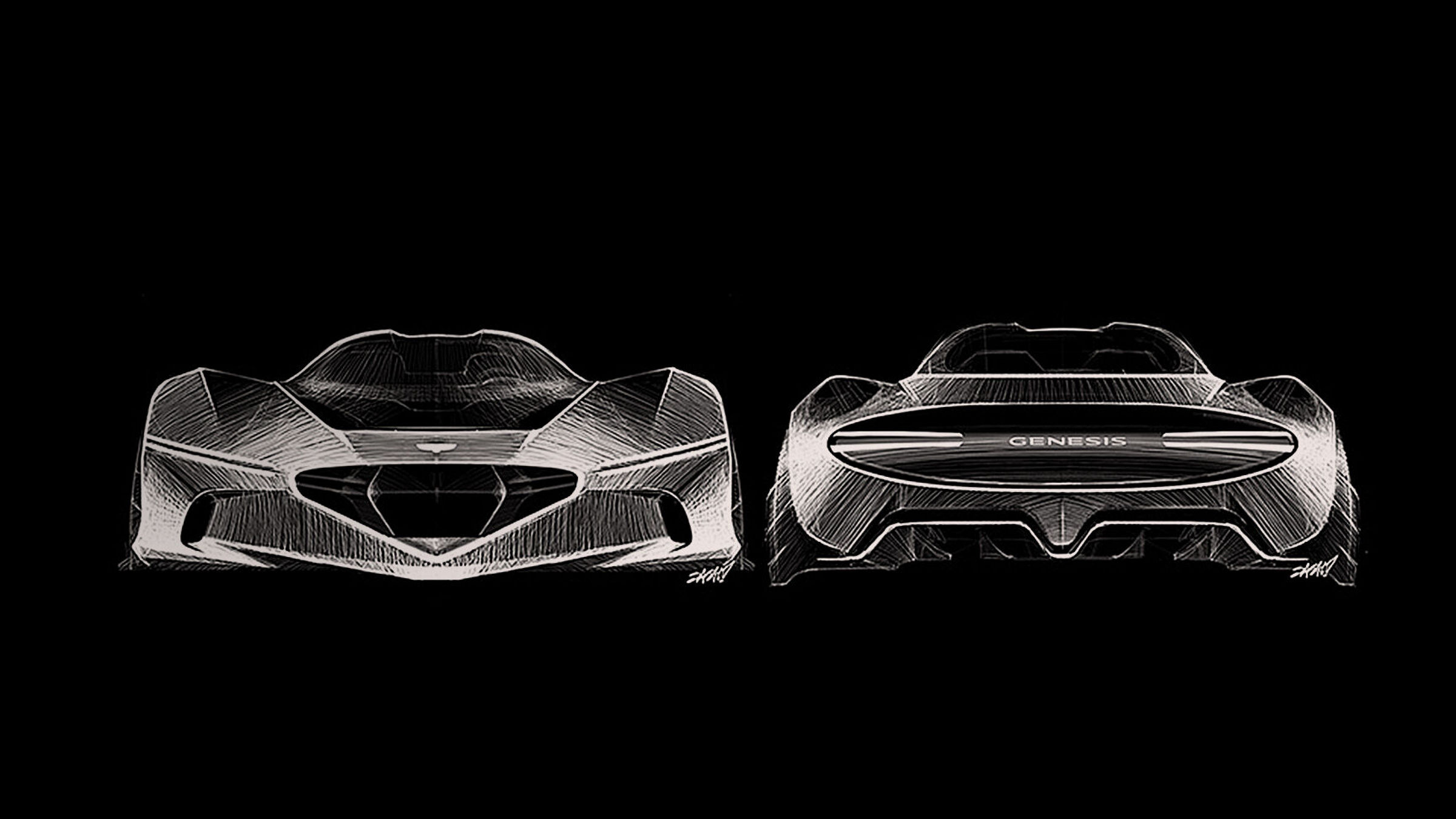 Front and rear design sketch of the Genesis Essentia concept car.