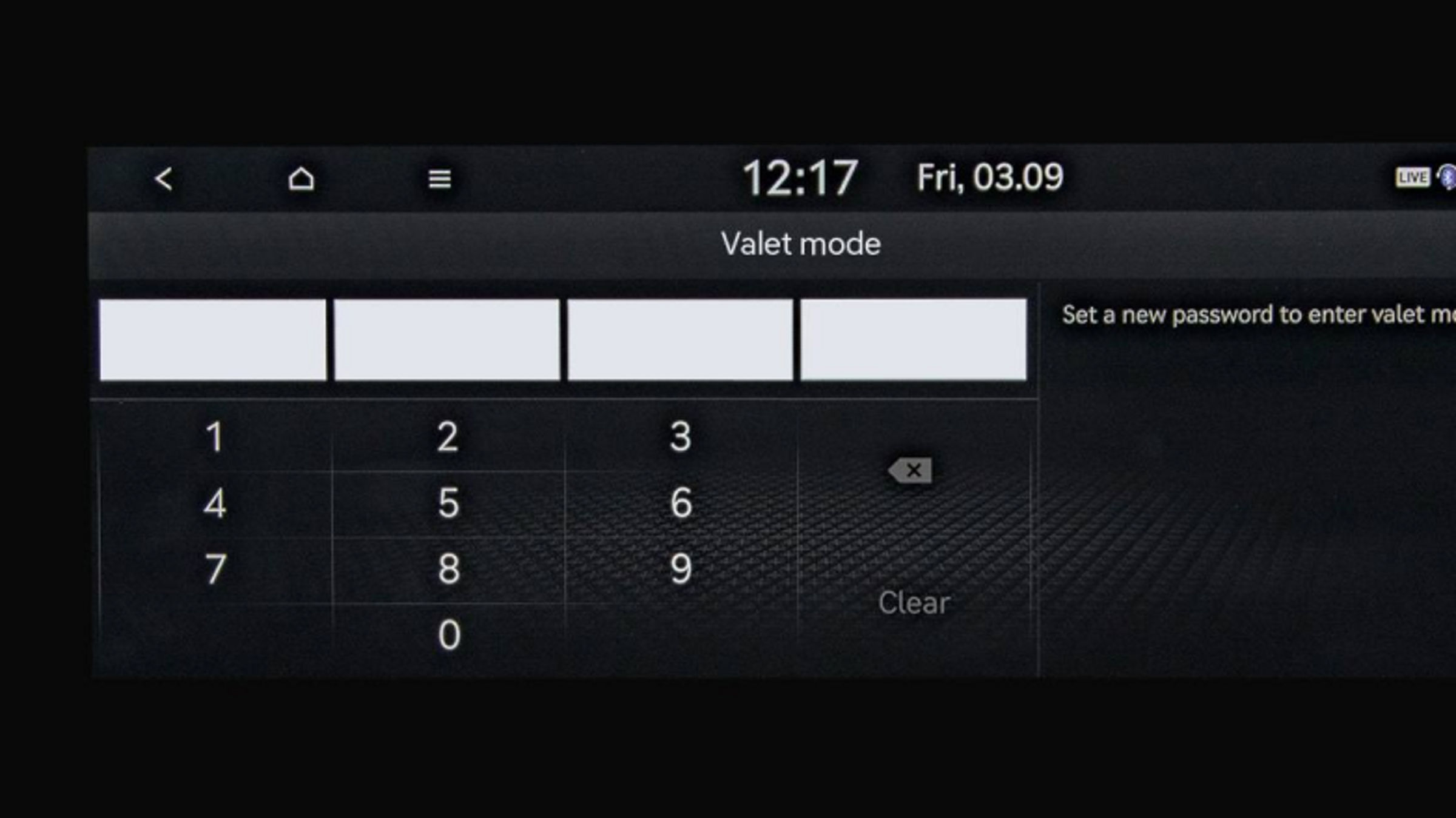 Digital interface displaying the valet mode password input screen on the Genesis G70.