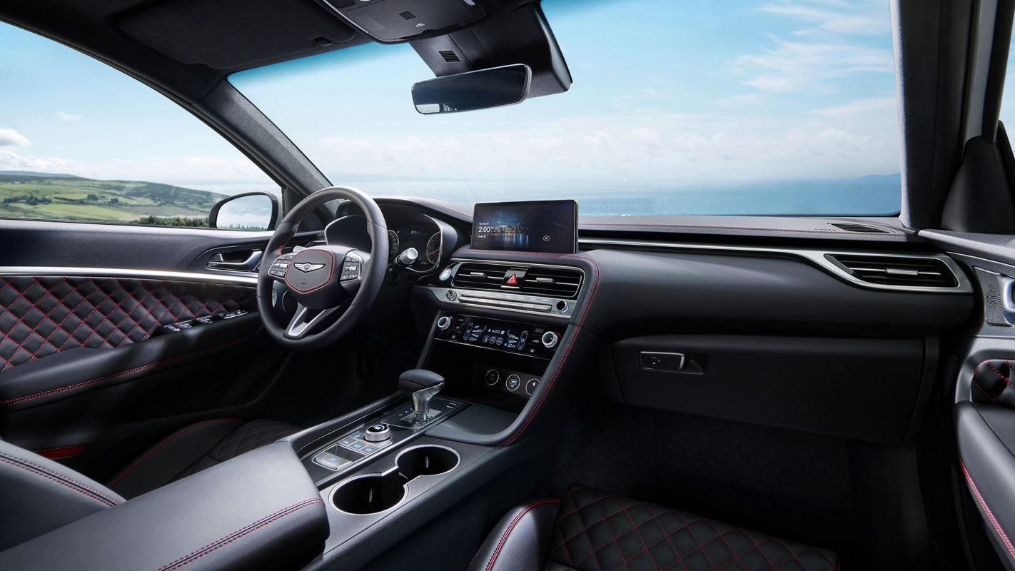 Front interior of the Genesis G70 Sport with black interior fittings