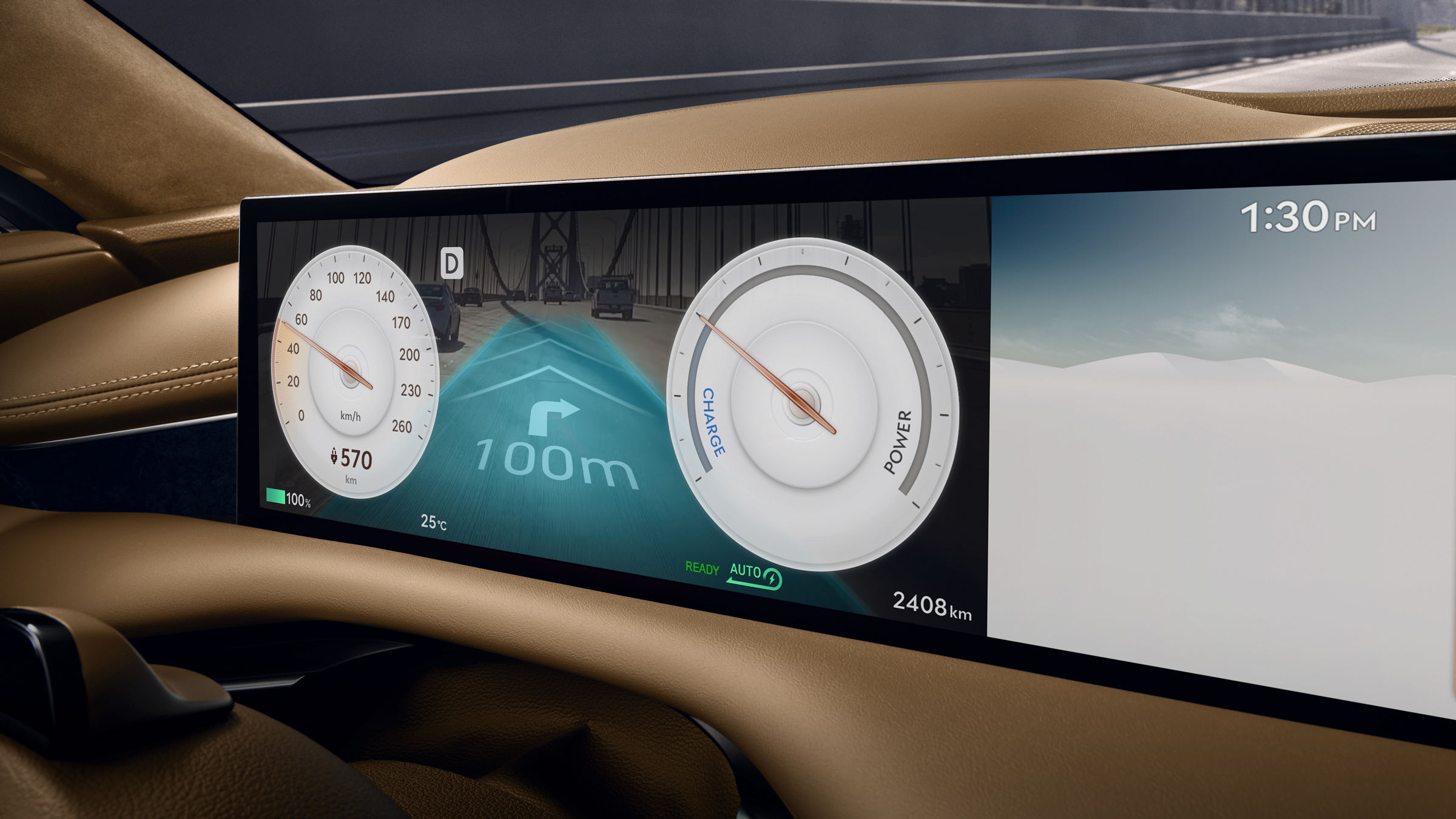 The panoramic display in front of the front seats displays augmented reality navigation. 