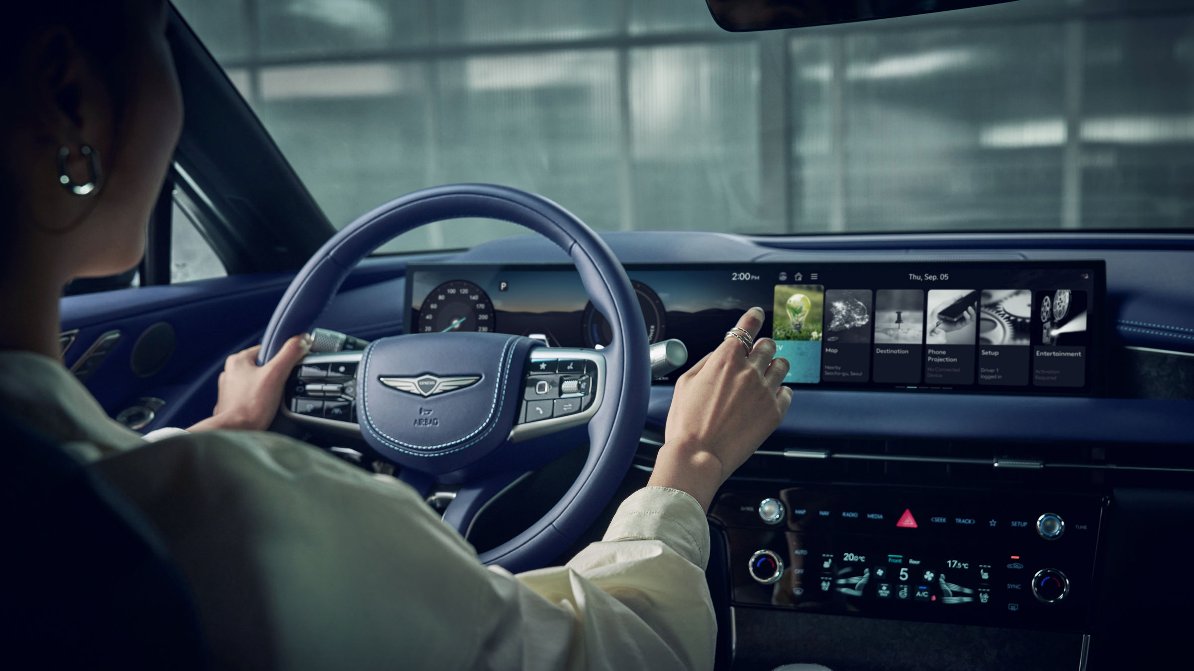 High-resolution image showcasing the unique exterior design and elements of the Genesis Electrified G80 luxury sedan.