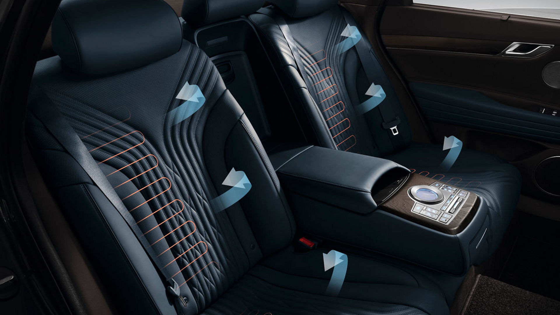 Blue and black rear seats of a car with marked heating elements.