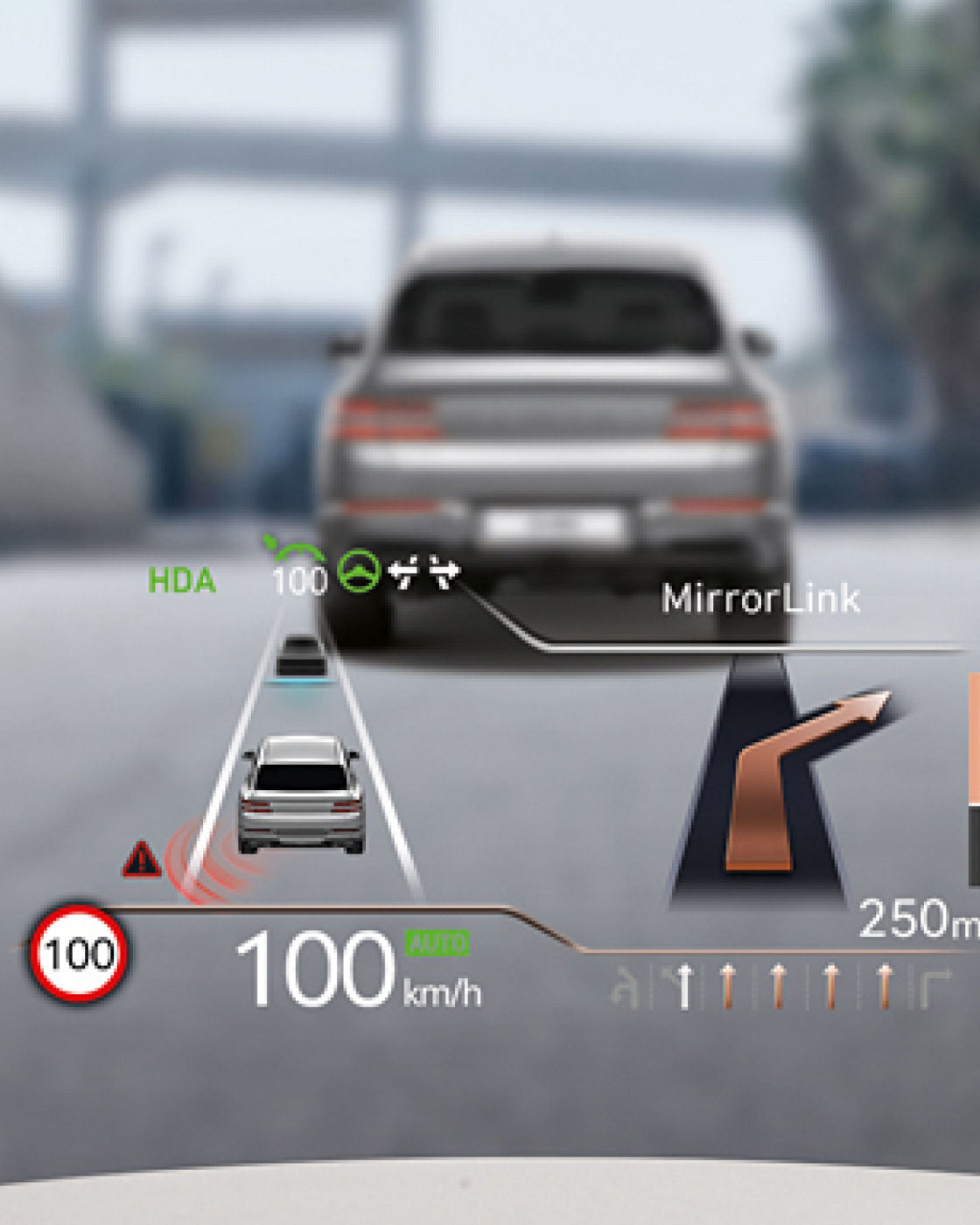 The head-up display of the G80, highlighting advanced technology that provides driving information and navigation routes.