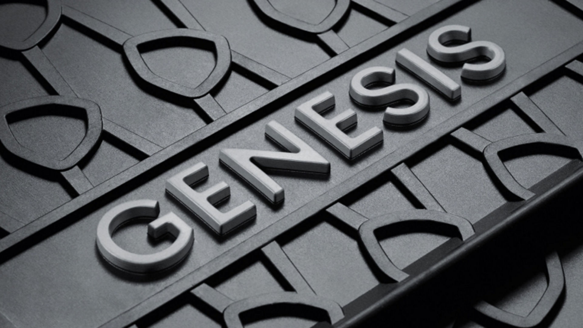 Close-up of weatherproof floor mats with the Genesis logo embossed.