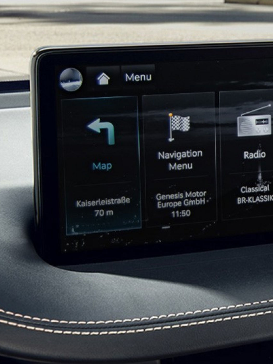 Dashboard screen showing navigation options, settings, and other features with a sleek design.