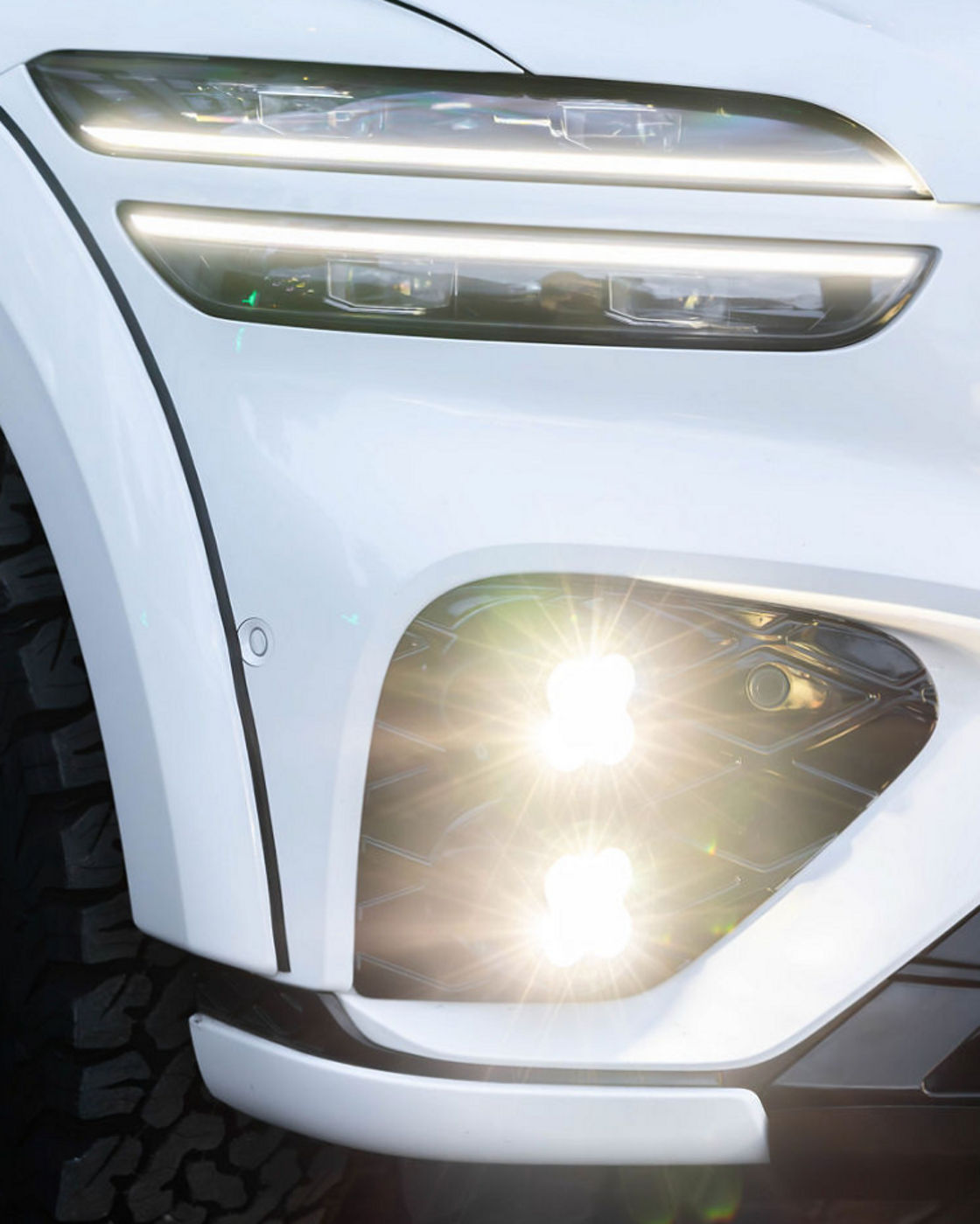 Genesis GV70 snow concept detail of Baja design fog lights with side outdoor