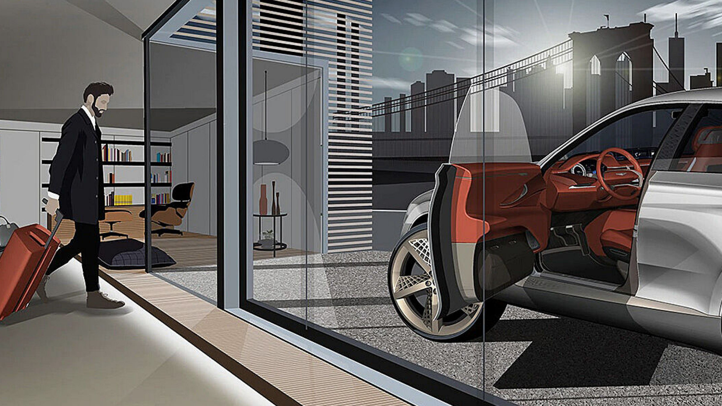 Illustration of the Genesis GV80 Concept with its innovative interior and modern city backdrop