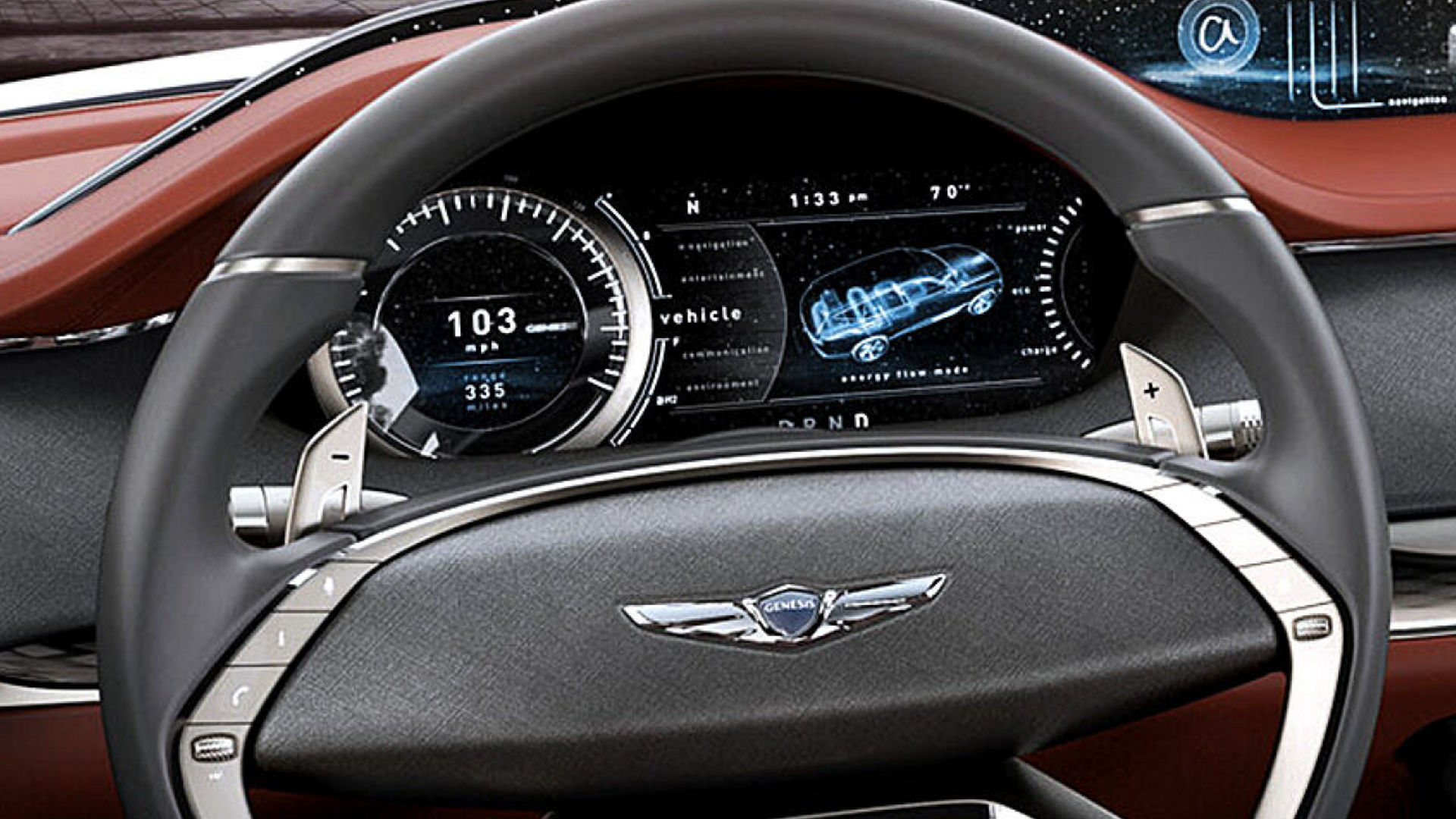 Steering wheel and digital dashboard of the Genesis GV80 Concept showcasing advanced features.