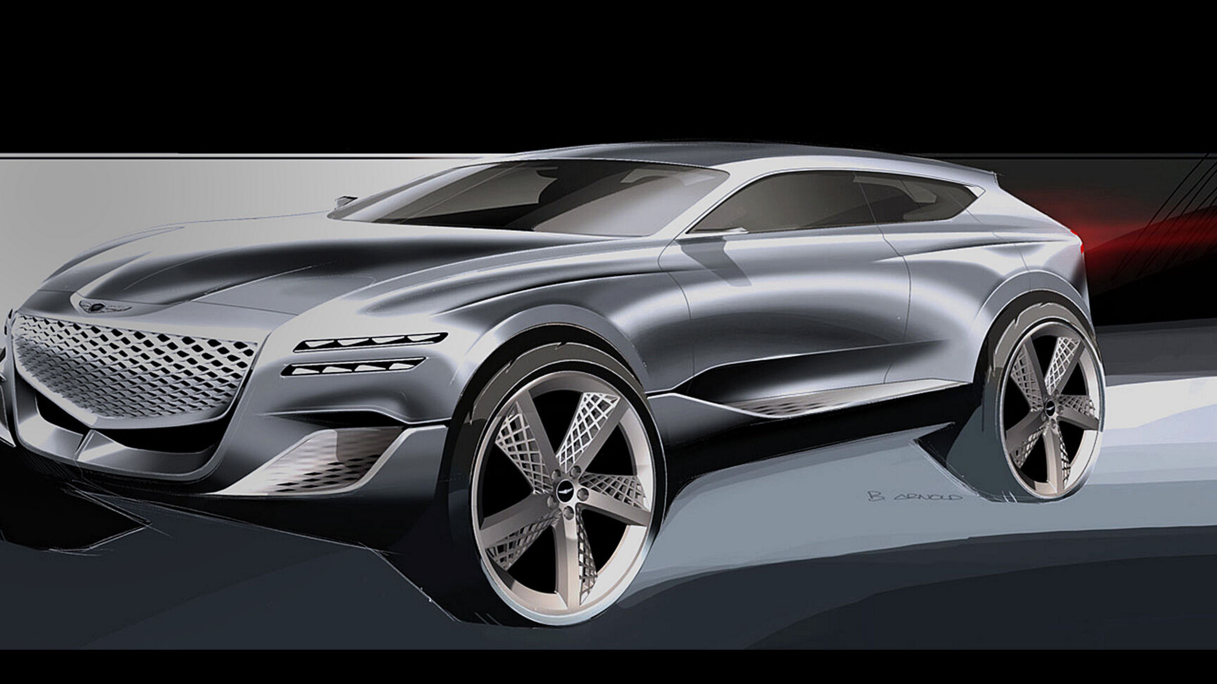 Concept sketch of the Genesis GV80 showcasing its futuristic design and bold lines