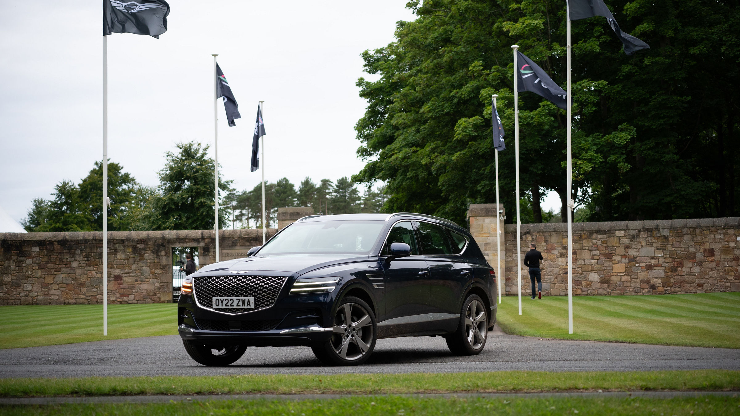 Black Genesis GV80 at the entrance to the Genesis Scottish Open golf tournament