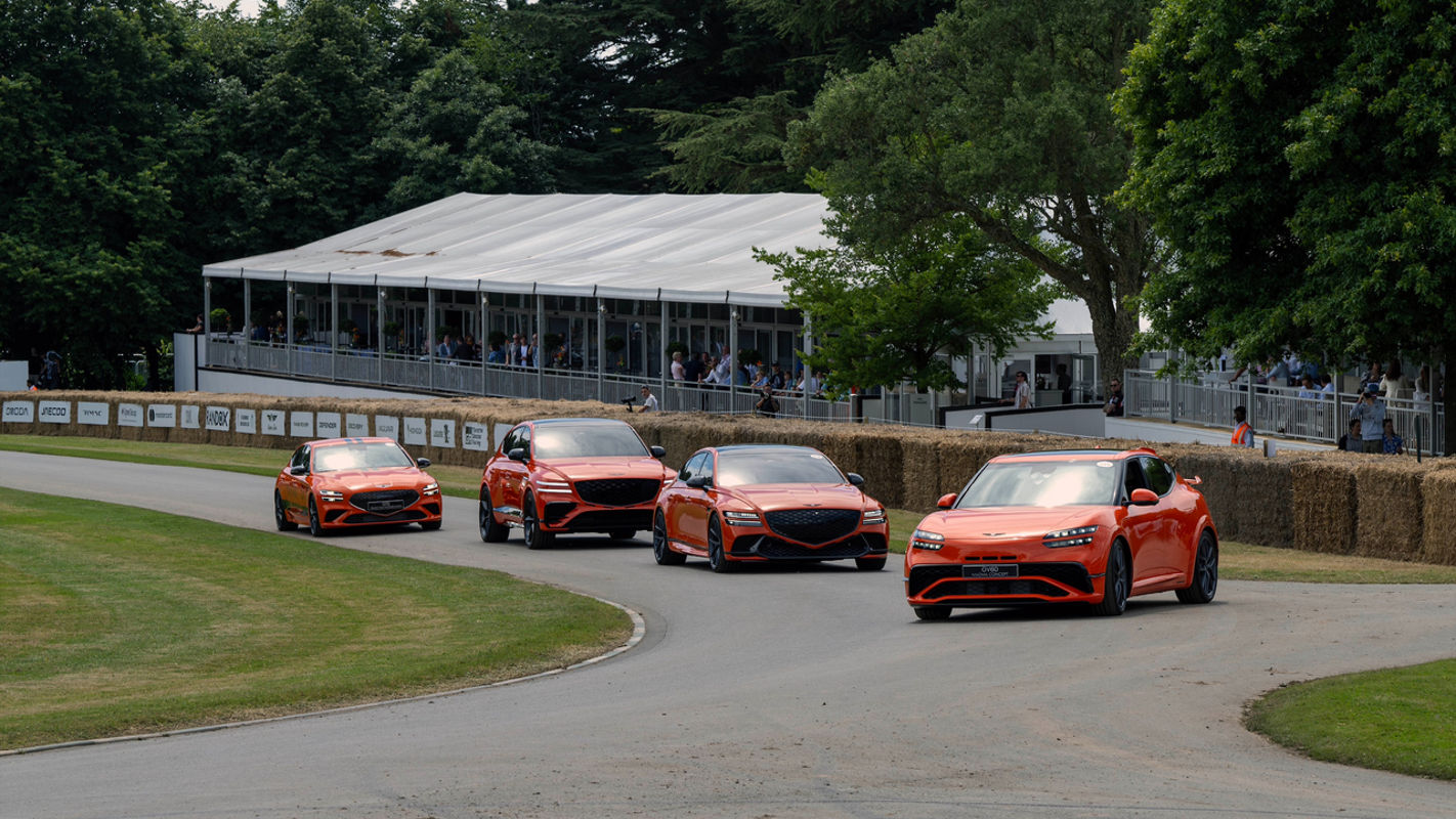 Genesis Magma Line cars driving on the racetrack of the Goodwood Festival of Speed