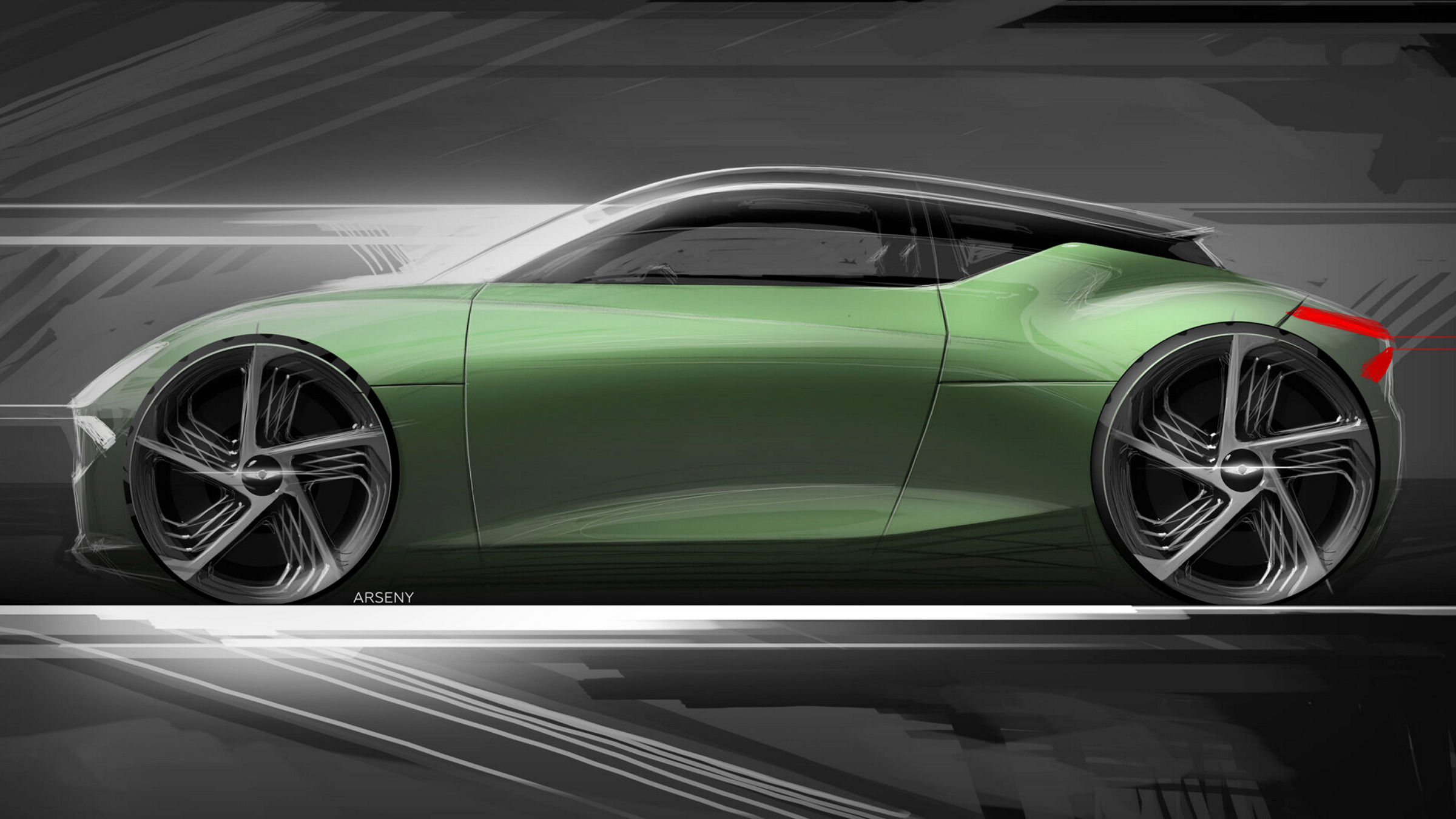 Side view sketch of the Genesis Mint Concept, highlighting its sleek green body and futuristic wheel design