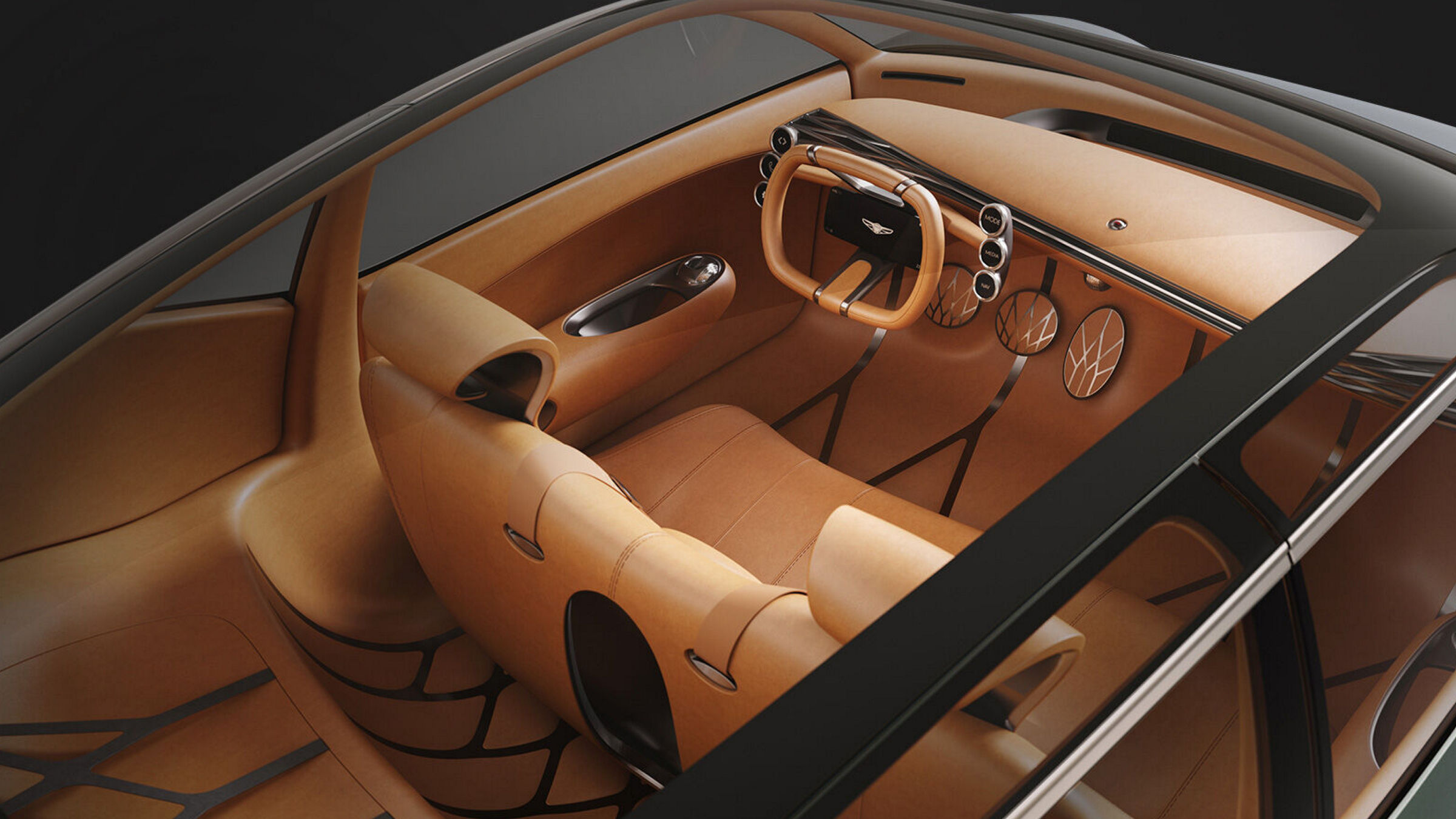 Interior view of the Genesis Mint Concept showcasing a minimalist, luxurious design with warm tones and innovative features