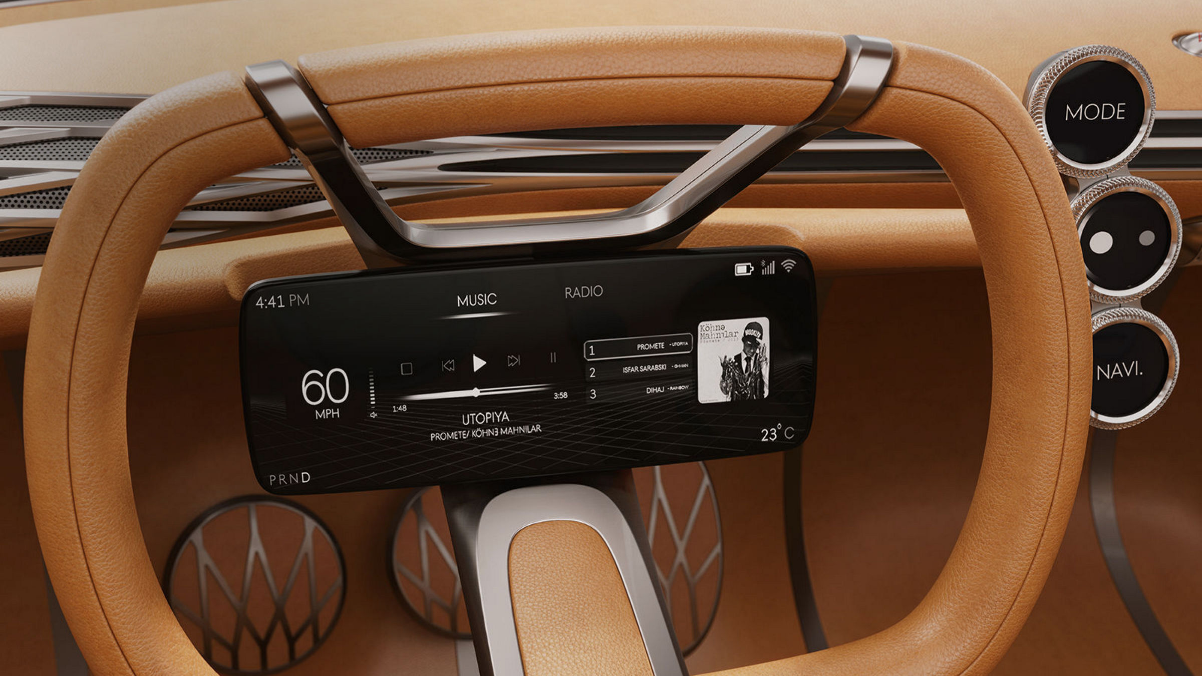 Steering wheel and dashboard of the Genesis Mint Concept, showcasing its modern and minimalistic design