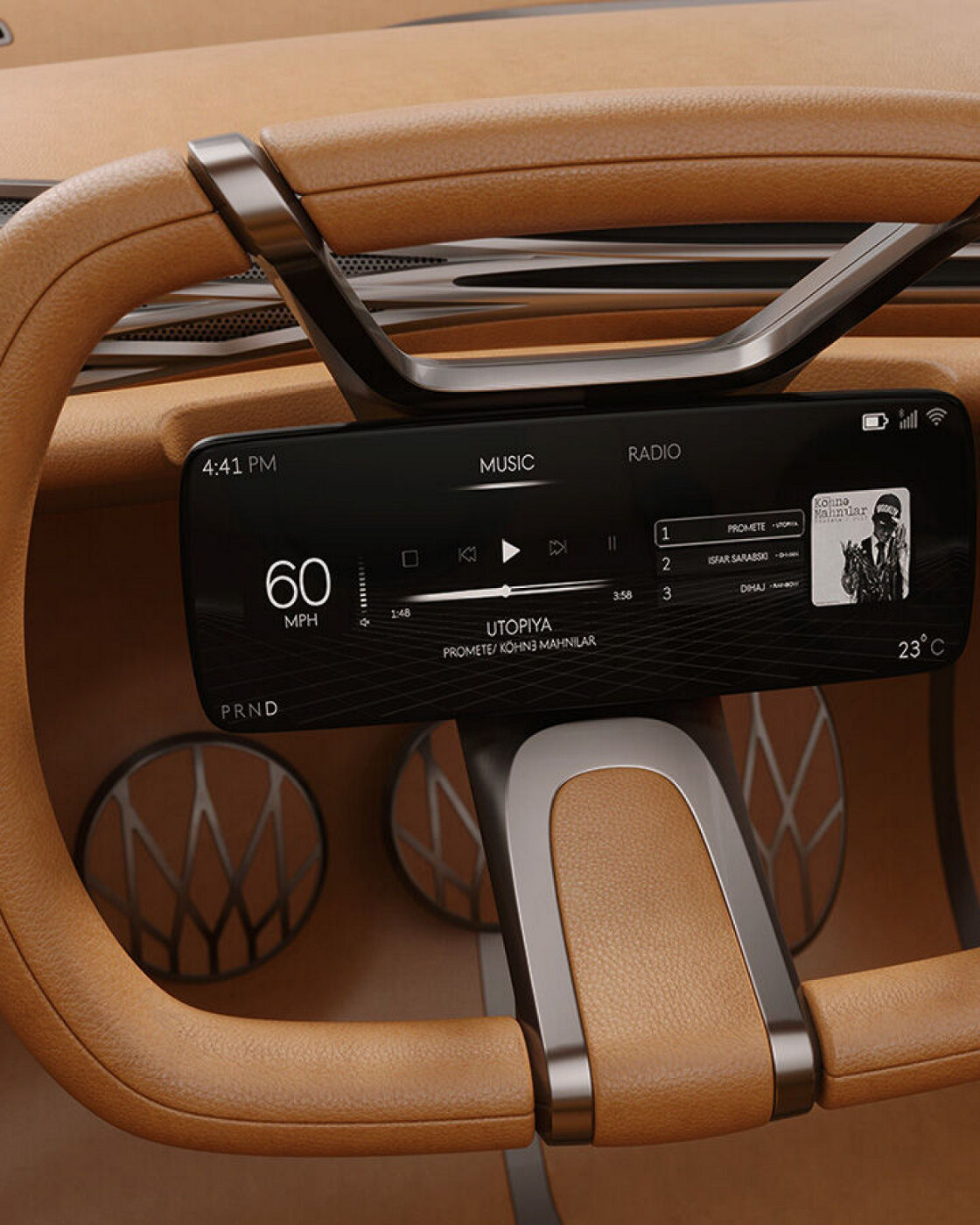 Close-up of the Genesis Mint Concept's futuristic steering wheel with integrated digital display