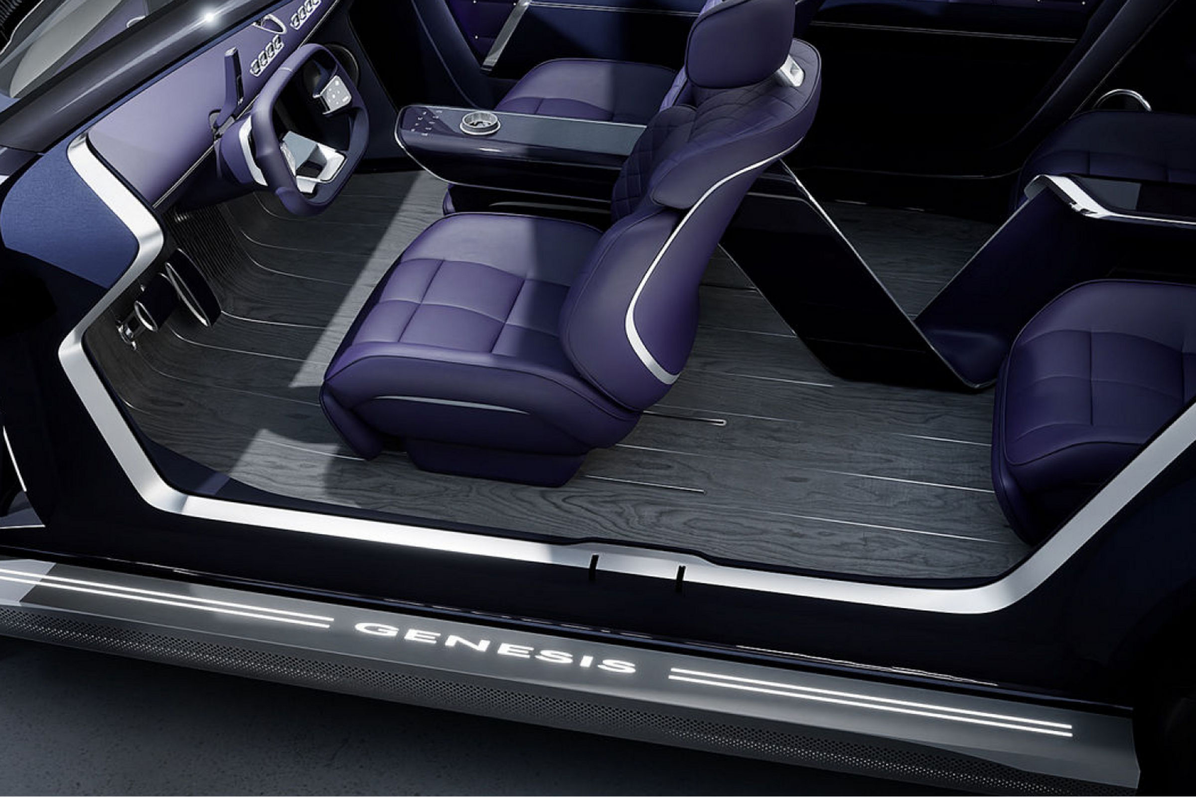 The floor between the front and rear seats inside the Genesis Neolun Concept is shown.