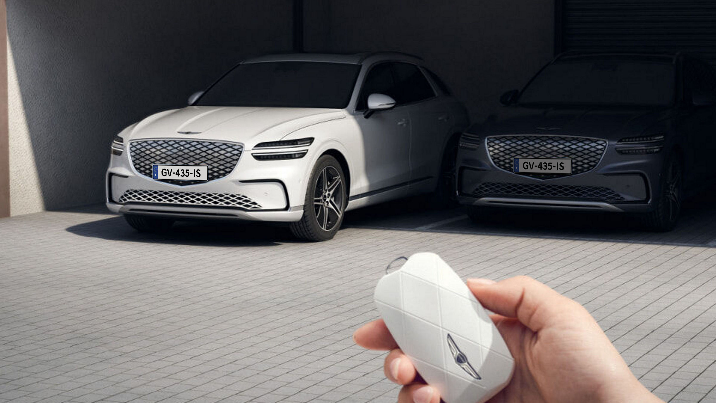 A user is controlling their vehicle remotely by using a smart key from outside the vehicle. 