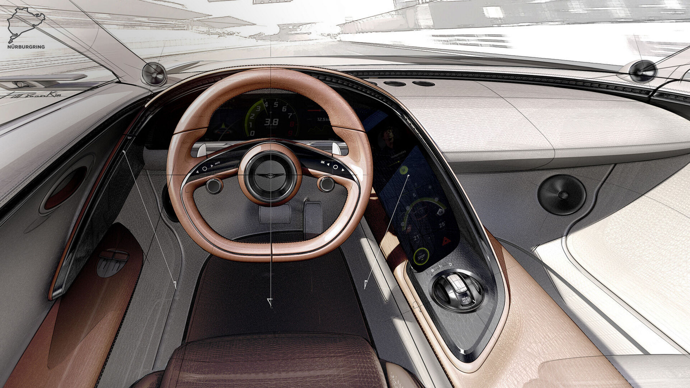 Sketch of the steering wheel and dashboard of the Genesis X Concept