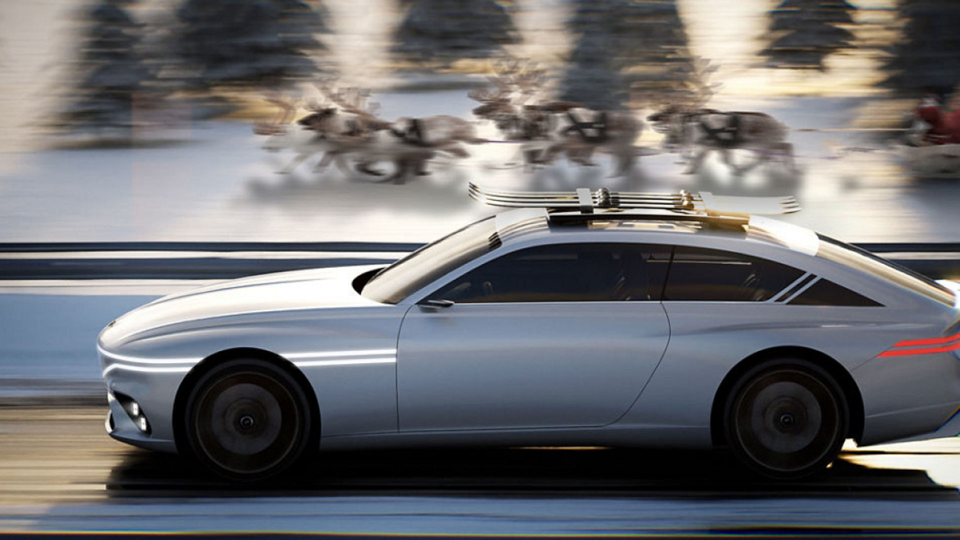 This is a side view of the white-colored Genesis X Snow speedium concept vehicle driving through the snow