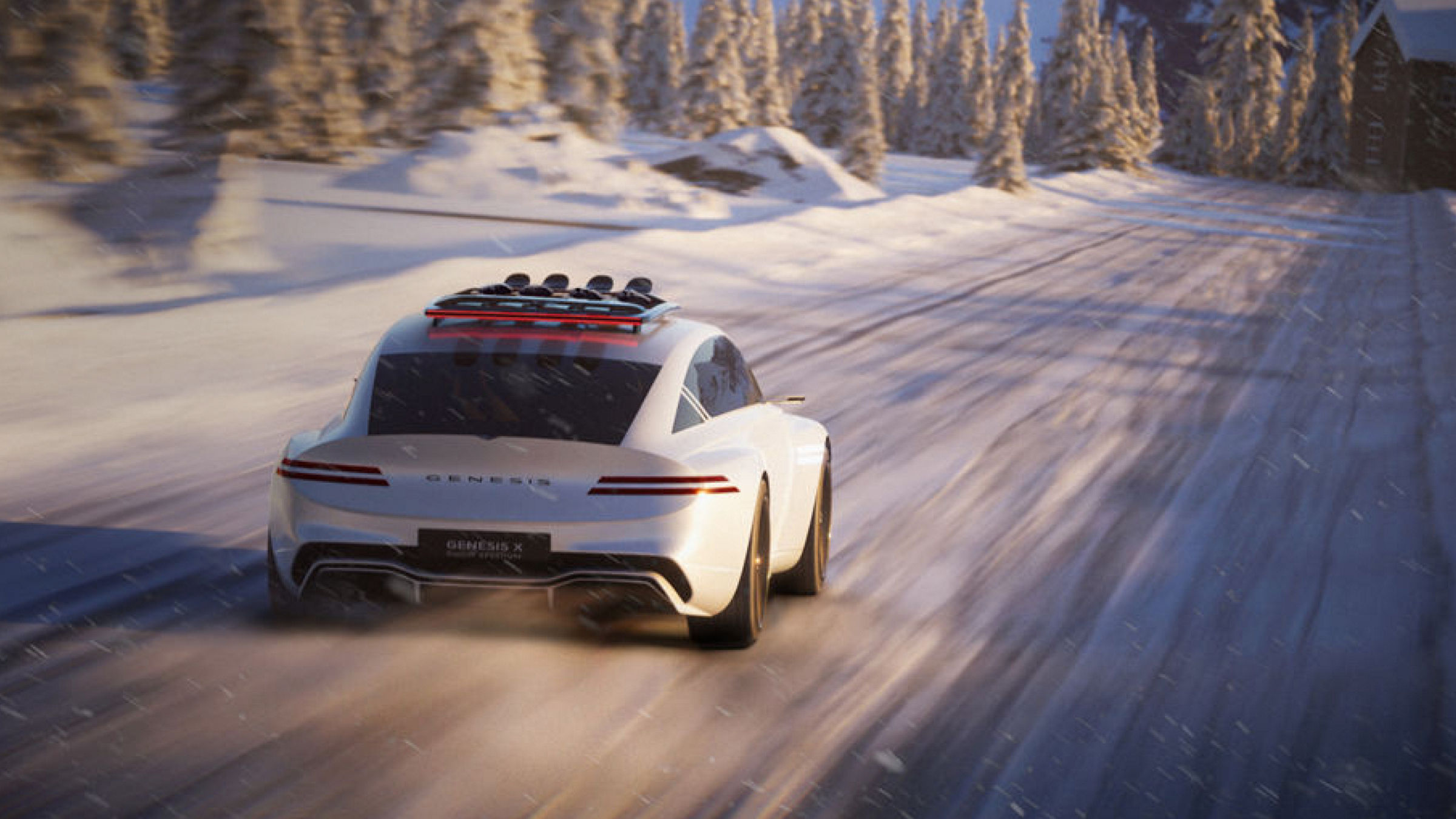 Genesis X Snow Speedium concept car driving through a snowy forest road