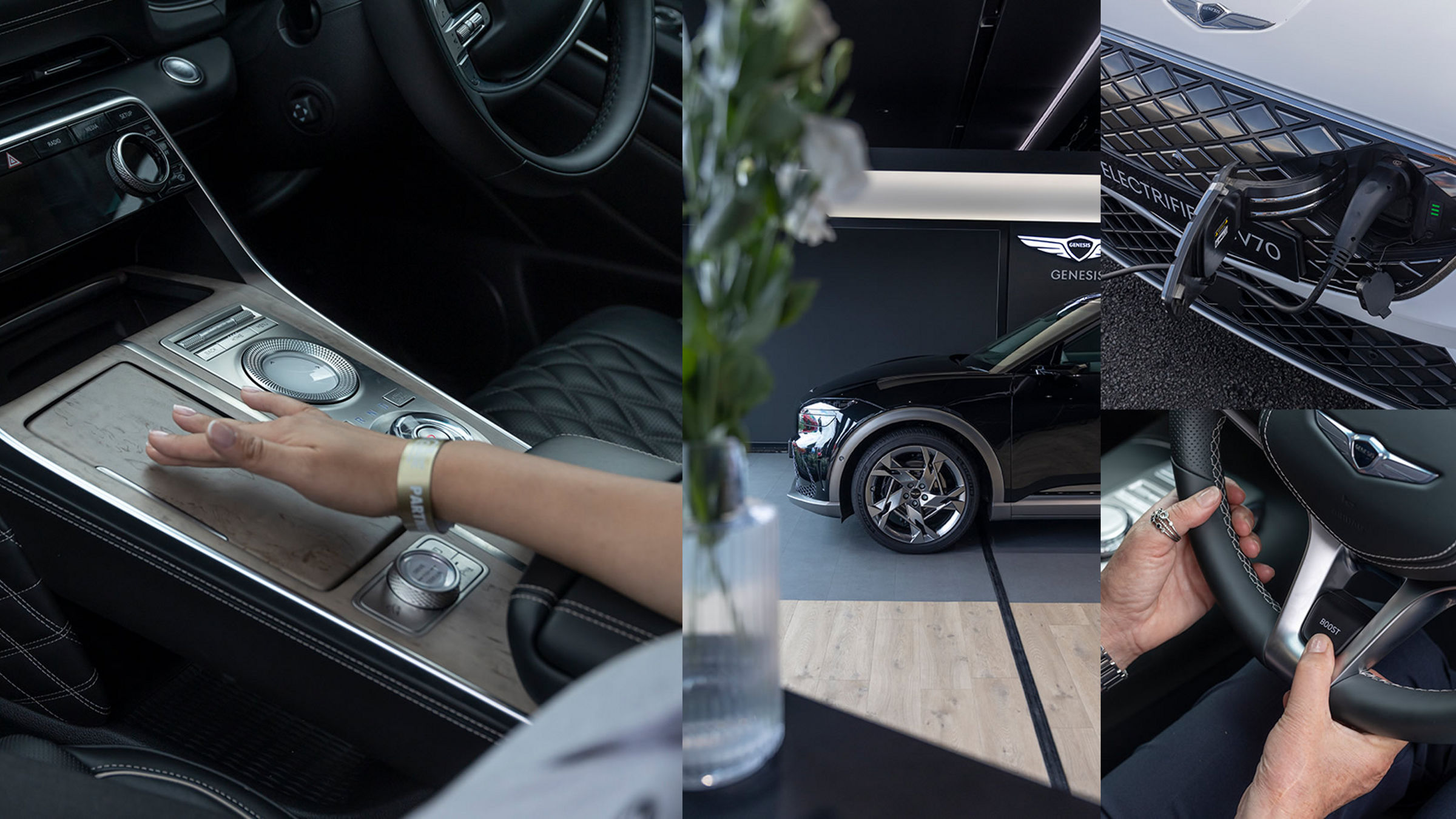 Collage with black Genesis GV60 and interior details