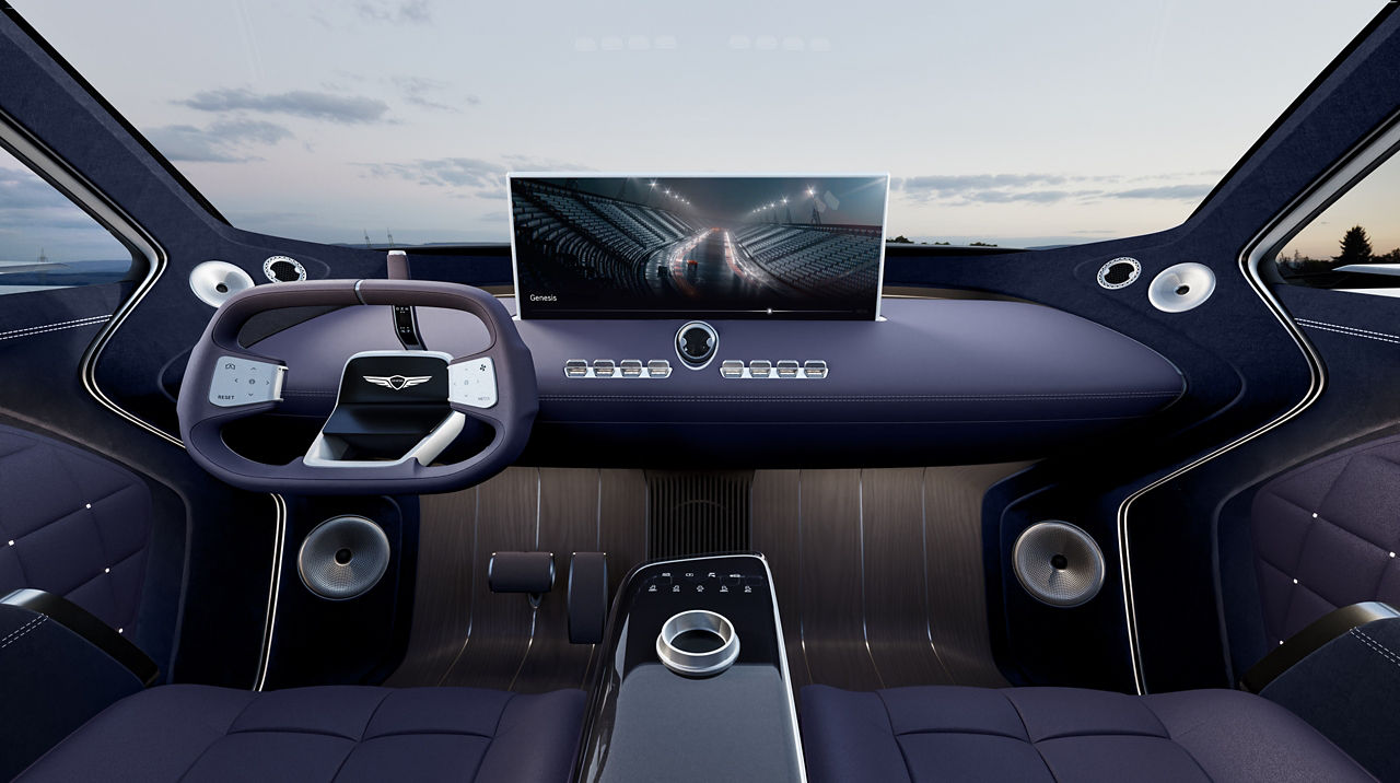 Genesis Vision SUV Neolun Concept - indoor front view of steering wheel and dashboard