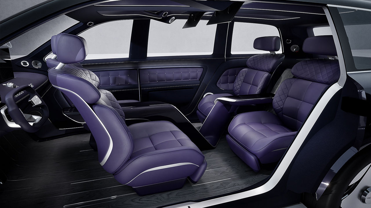 Genesis SUV Neolun concept interior in purple  sideview doors open