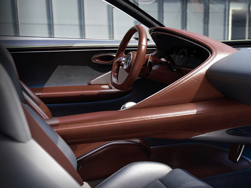 Genesis X Concept front seats and steering wheel in brown and black