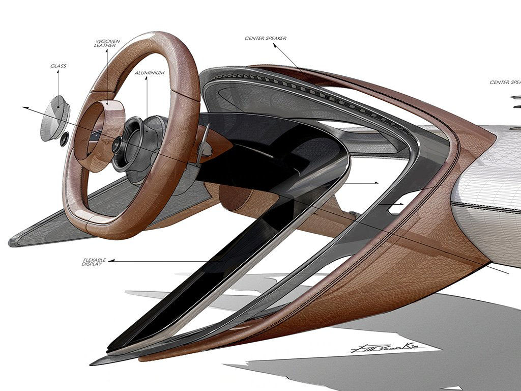 Sketch of the Genesis X Concept steering wheel and dashboard