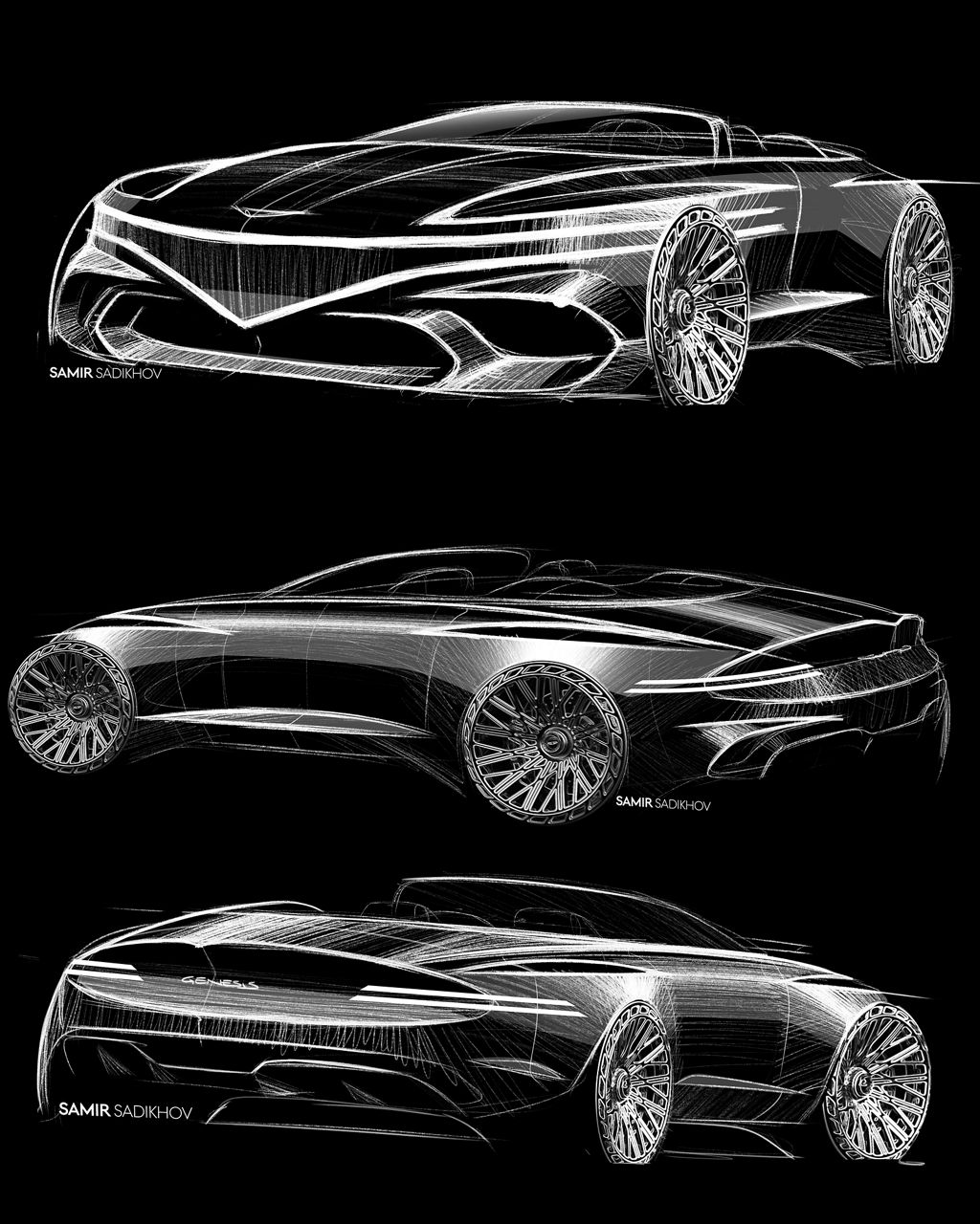 Three concept drawings of the Genesis X Convertible