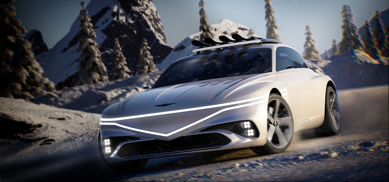 Genesis X Snow Speedium fährt auf Schnee in den Bergen