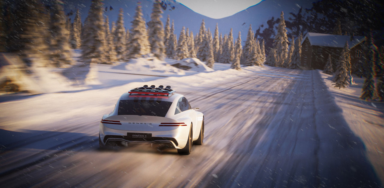 Der Genesis X Snow Speedium von hinten auf einer schneebedeckten Straße 