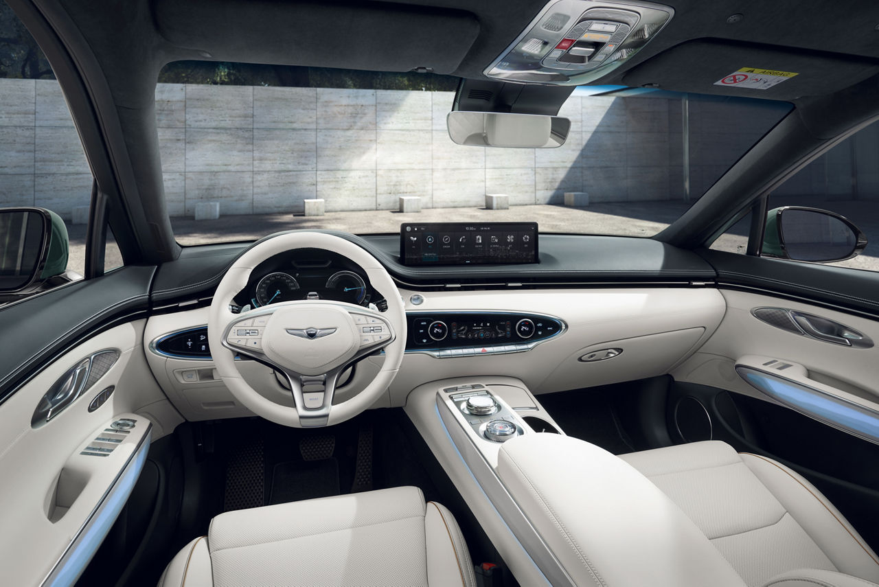 Front interior of the Genesis GV70 with white interior
