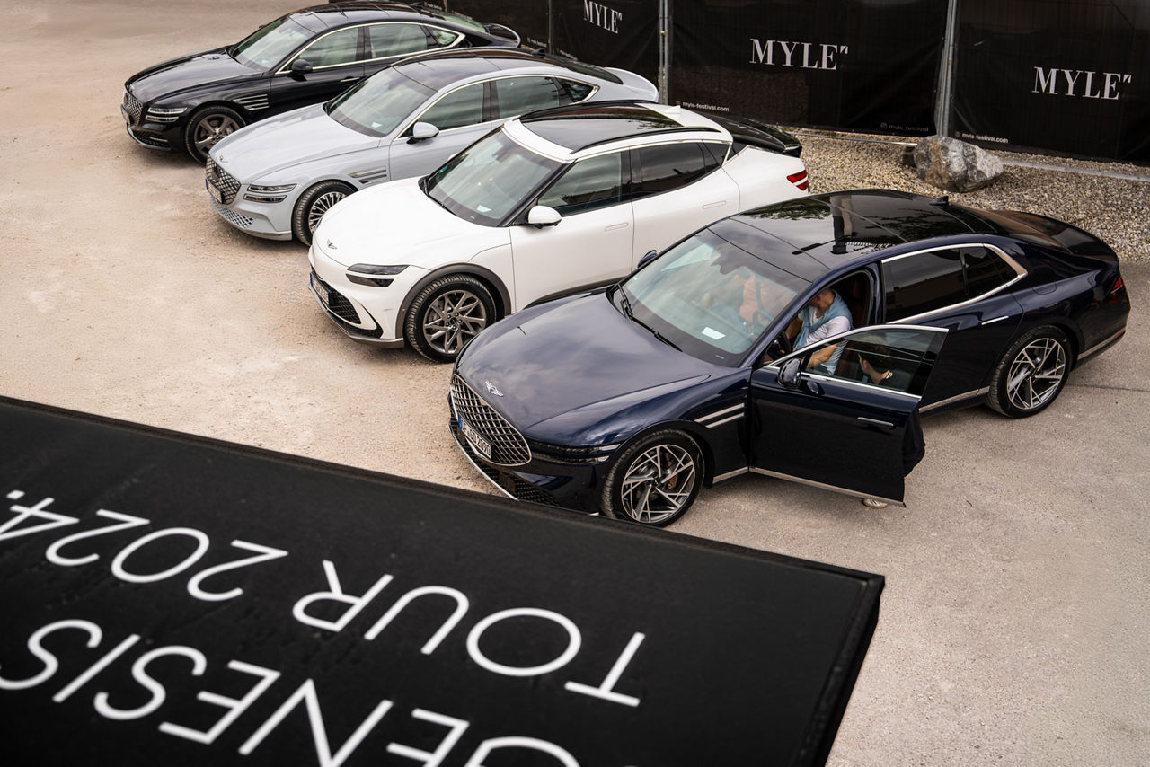 Genesis vehicle fleet lined up at the Myle festival