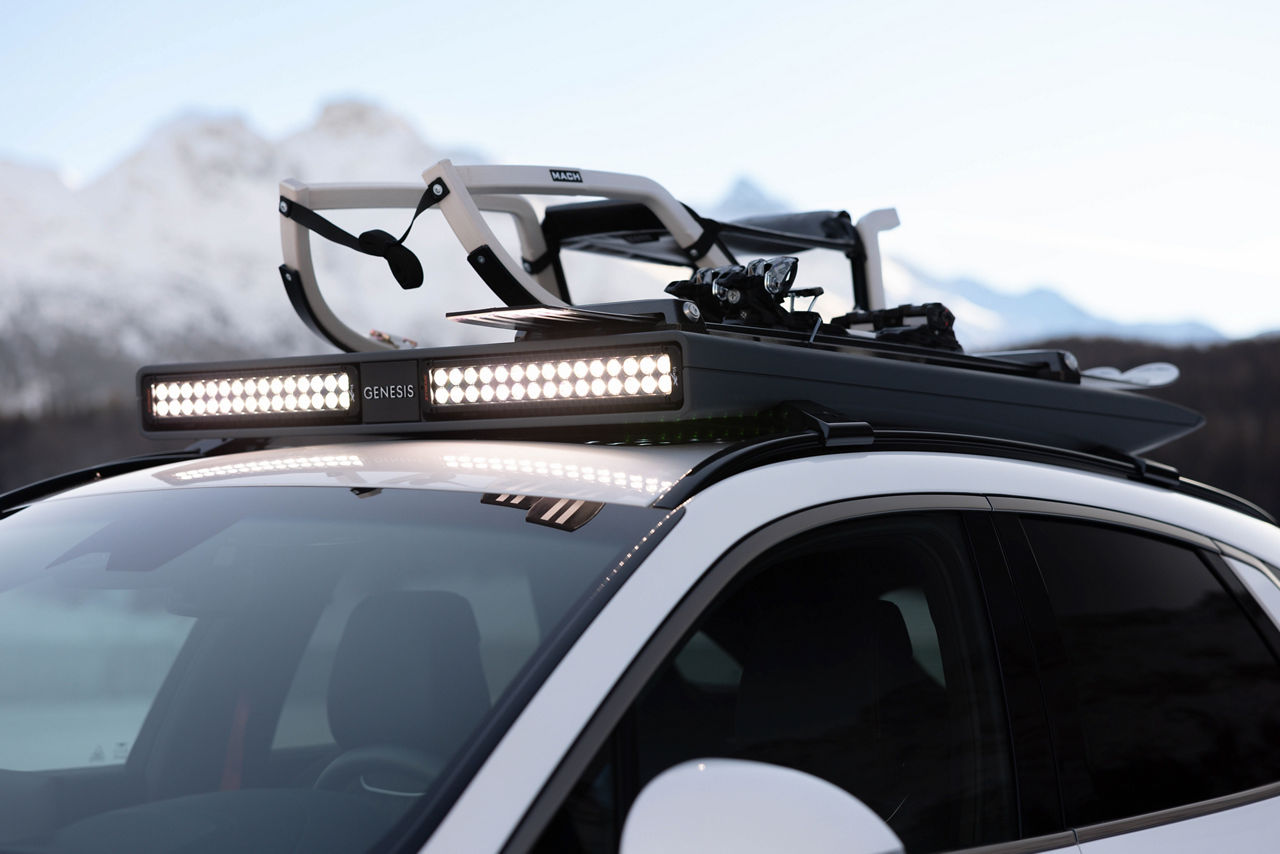 Genesis GV70 Snow Concept detail roof rack with sled outdor