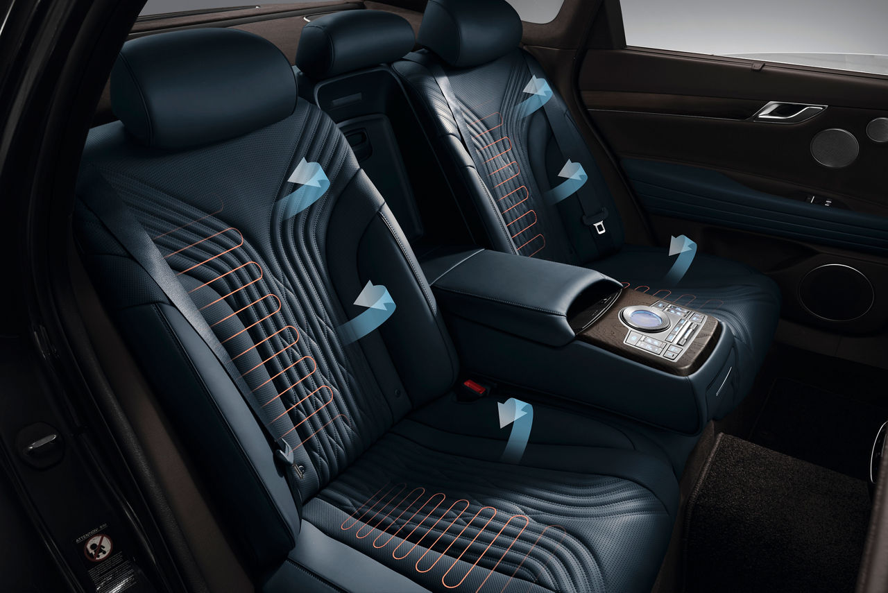Blue and black rear seats of a car with marked heating elements