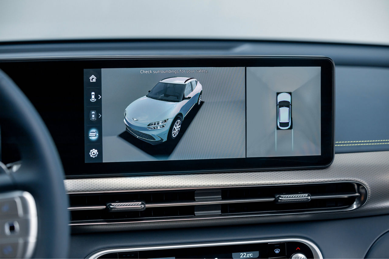 Dashboard of the Genesis GV60 shows the 360-degree camera