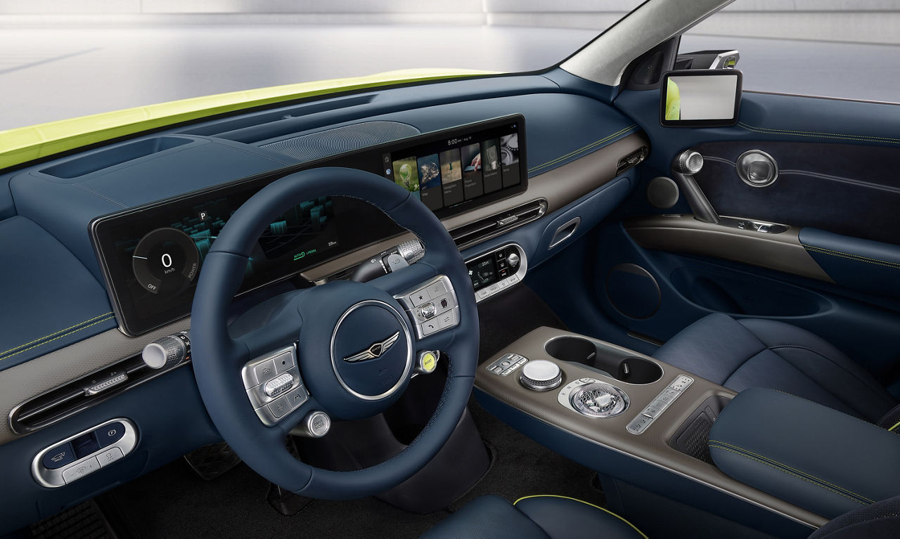 Front interior of the Genesis GV60 with blue interior fittings