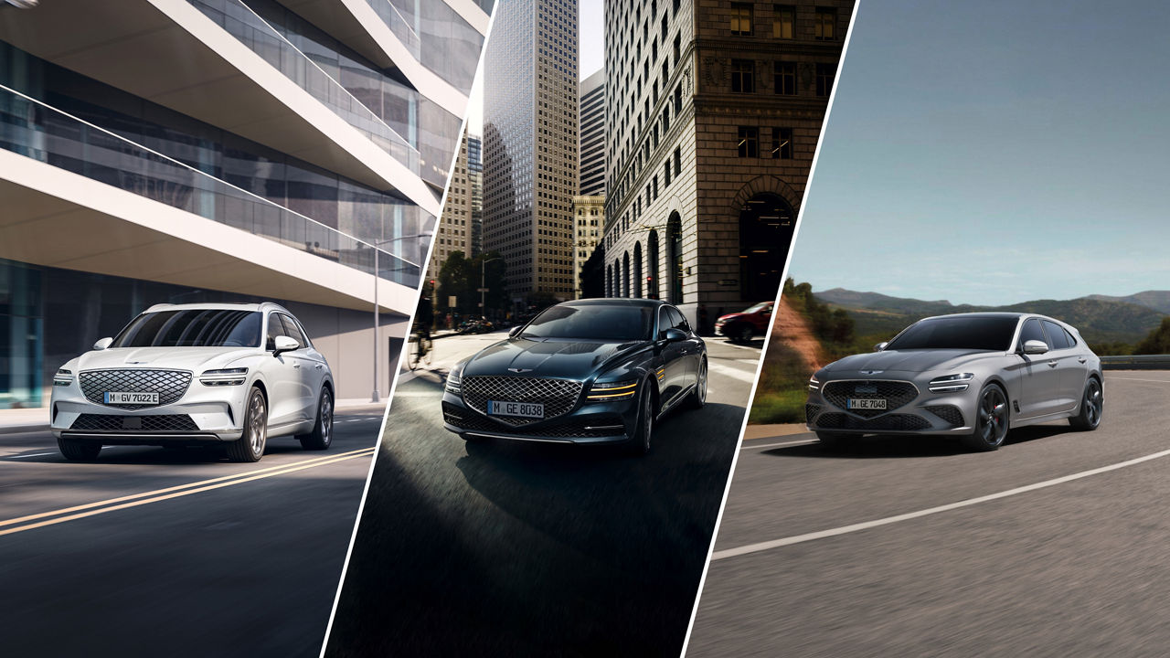 Collage von drei voneinander getrennte Genesis Autos vor unterschiedlichen Hintergründen
