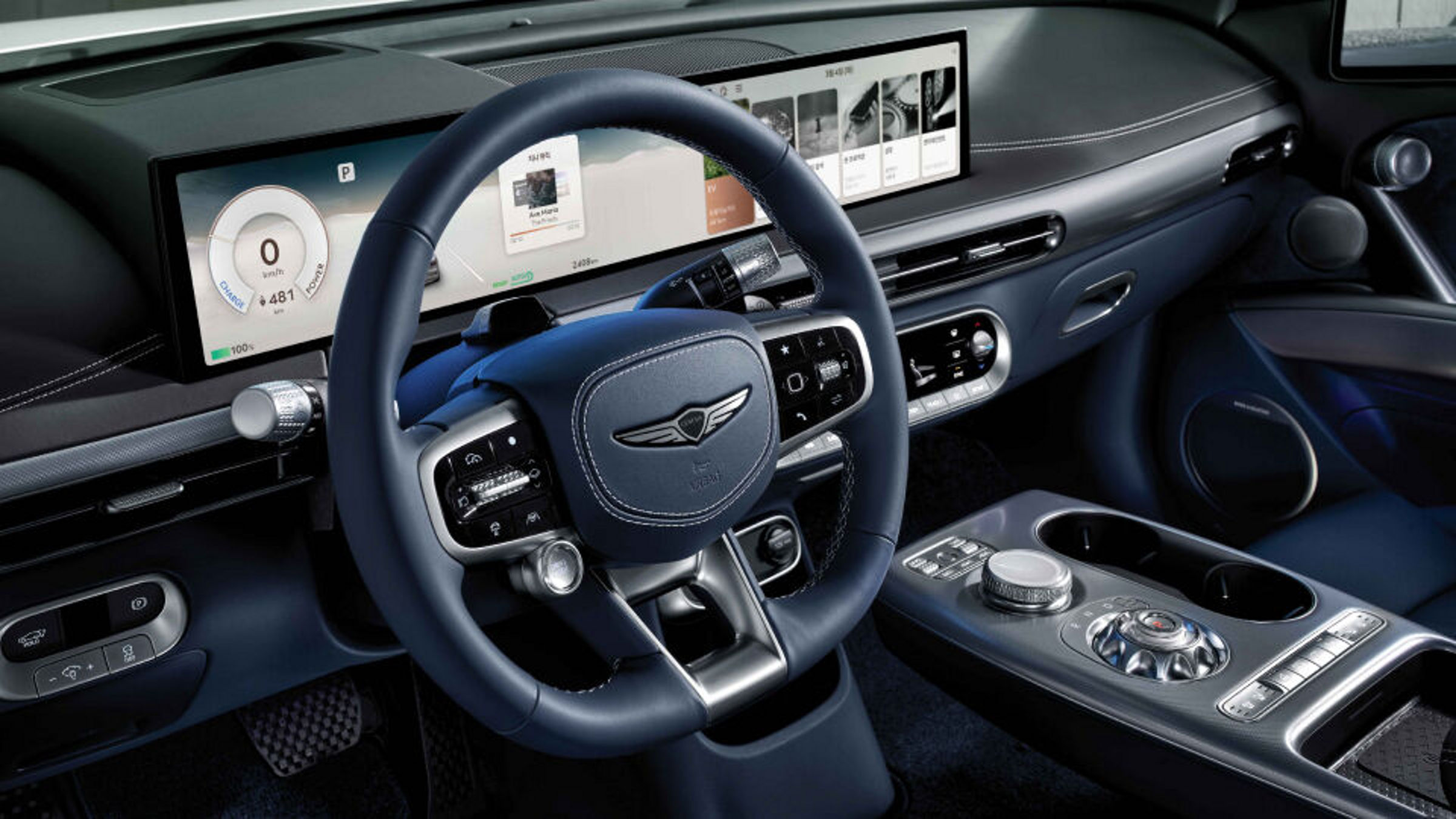 Genesis GV60 Electric Vehicle interior design showing high-tech dashboard and premium seatin