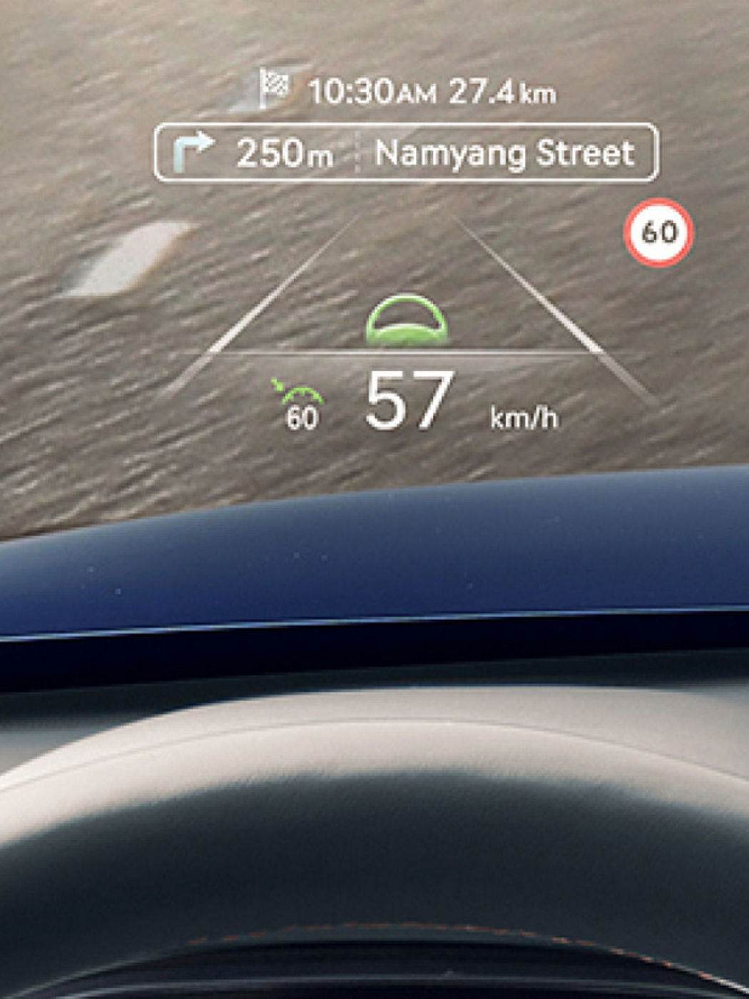 Head-up display projecting real-time navigation, speed, and road signs onto the windshield.