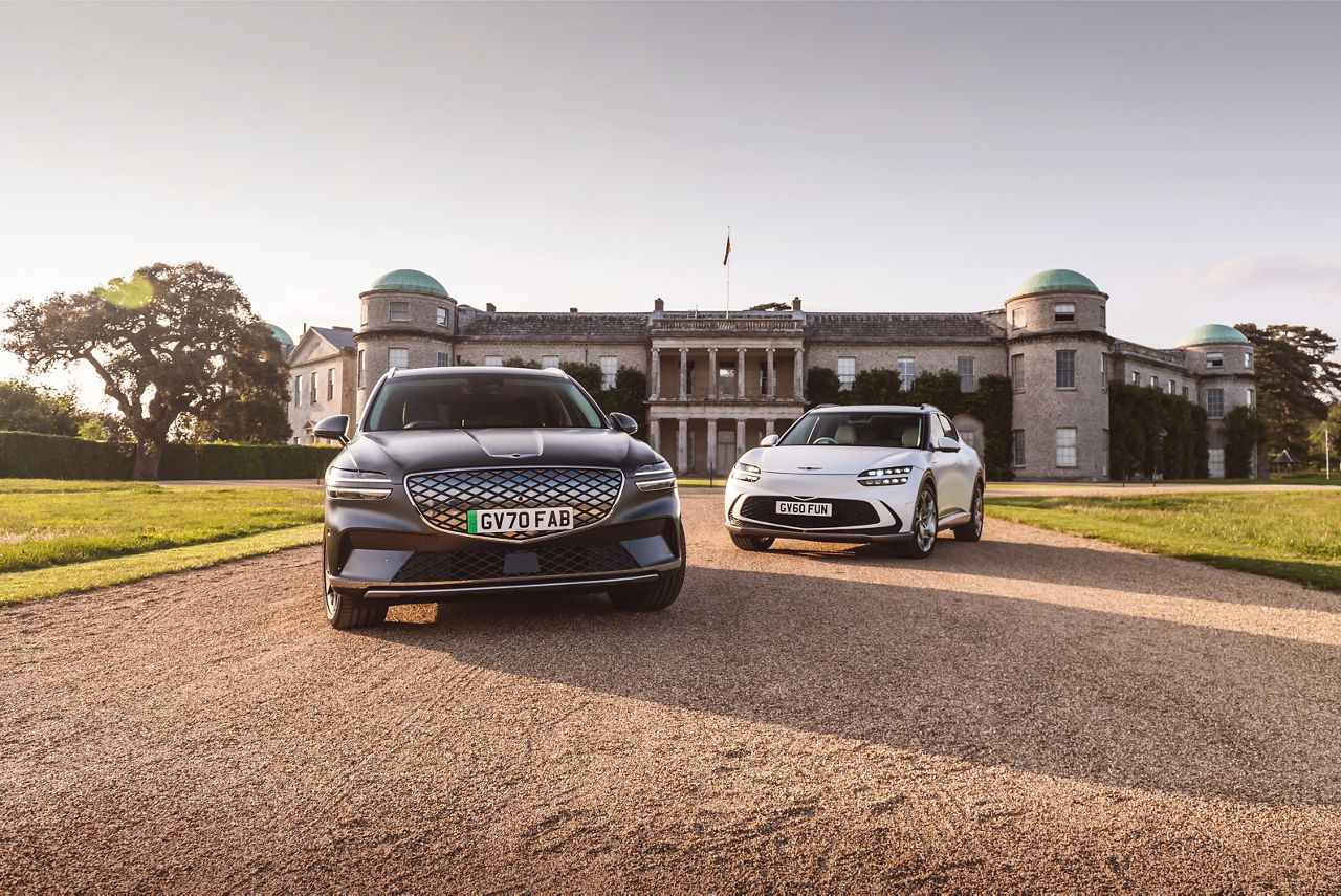 Goodwood Event - Genesis GV60 and GV70 outside the building - front view