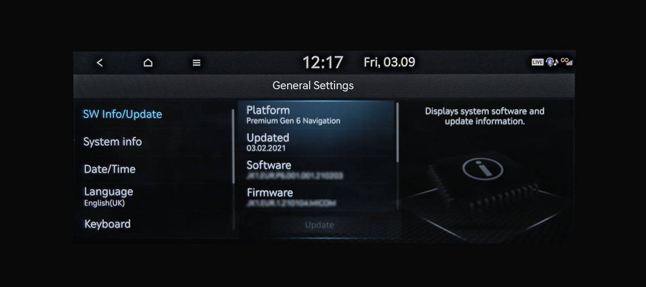 Settings menu of the Genesis G70 software