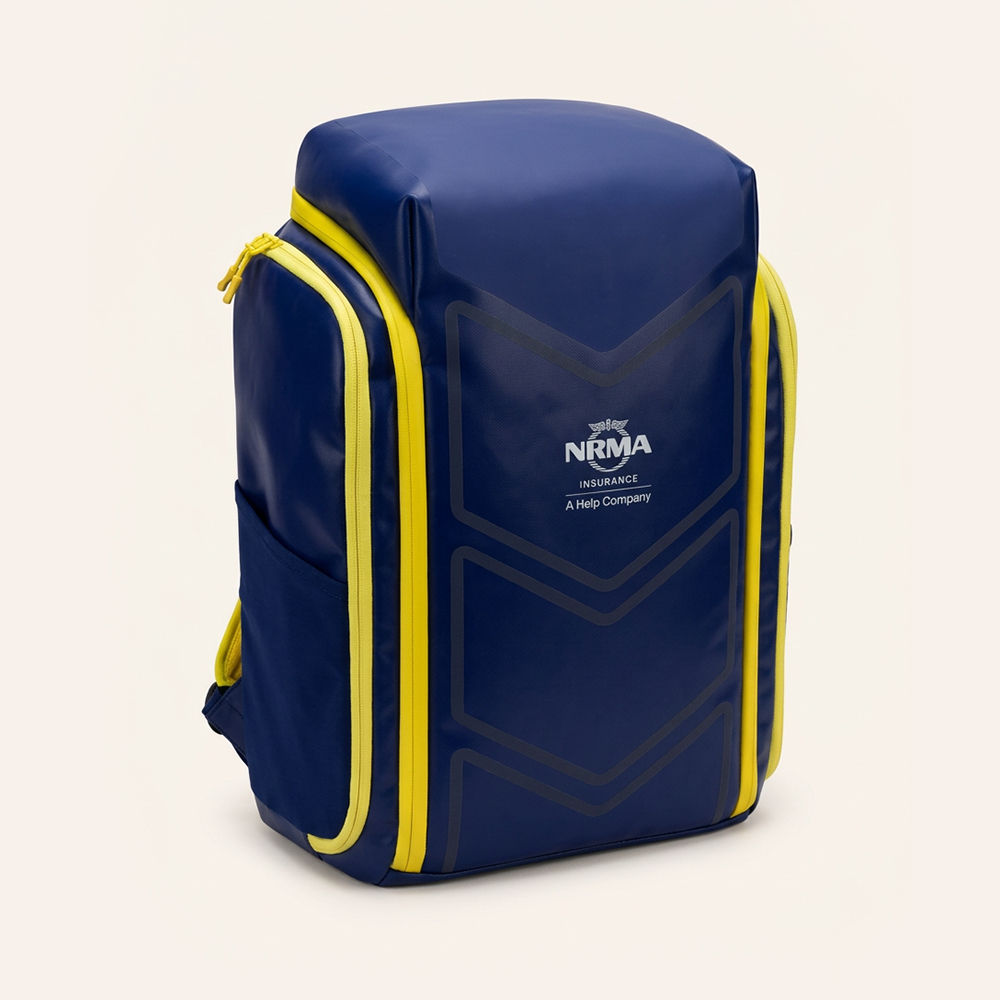 Render of a blue and yellow backpack with the NRMA Insurance logo