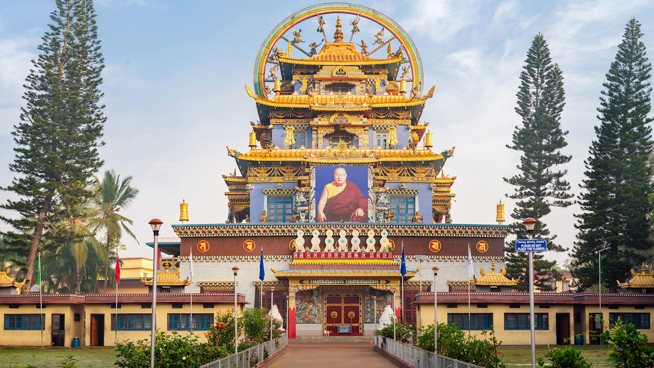 Bylakuppe, India - March 5, 2016: Buddhist Zangdog Palri or Golden Temple in Namdroling Monastery in Karnataka. Tibetan settlement outside Tibet.